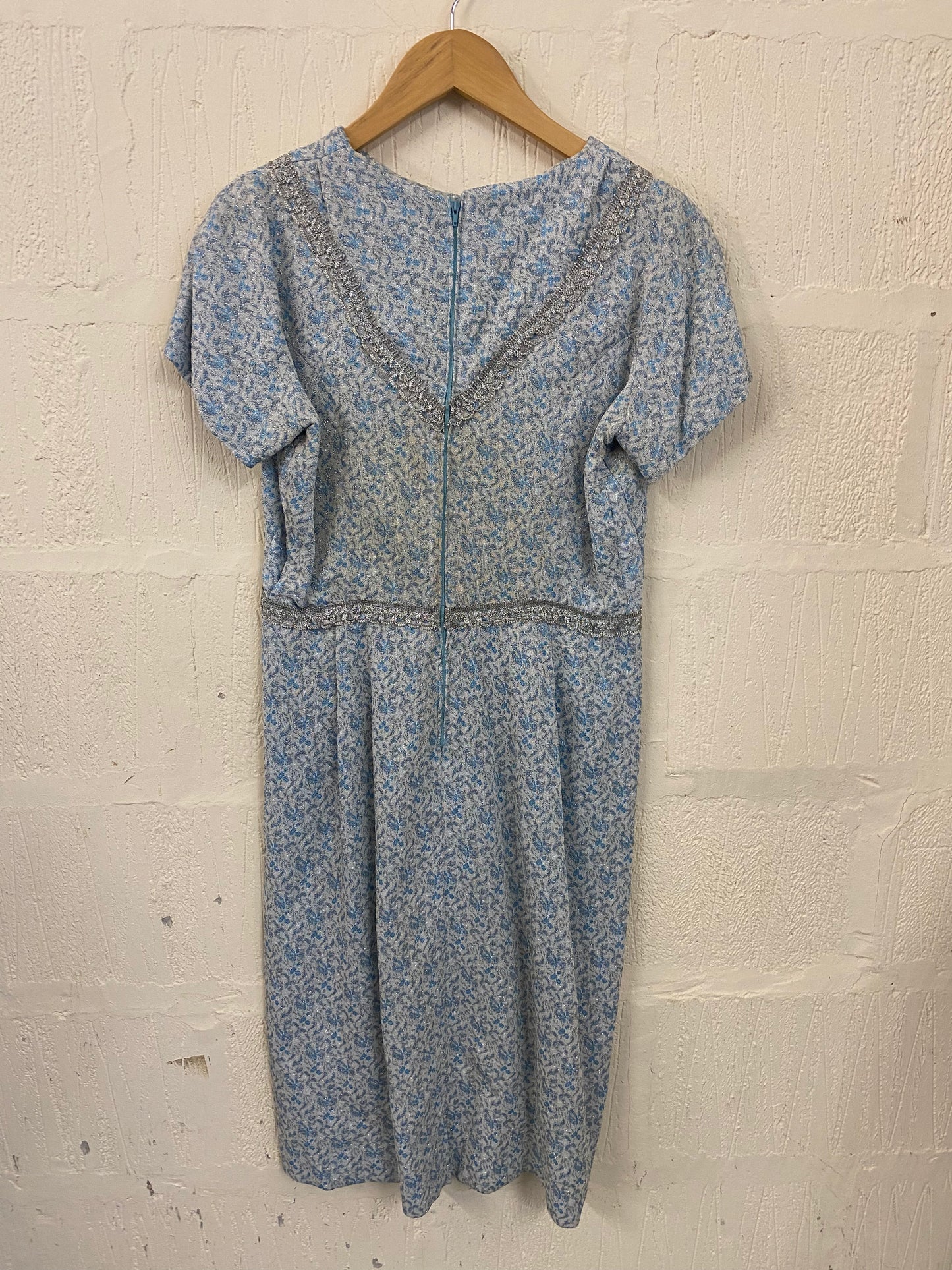 Vintage Hand Made Duck Egg Blue and Silver Shimmer Fabric Dress Size 8-10