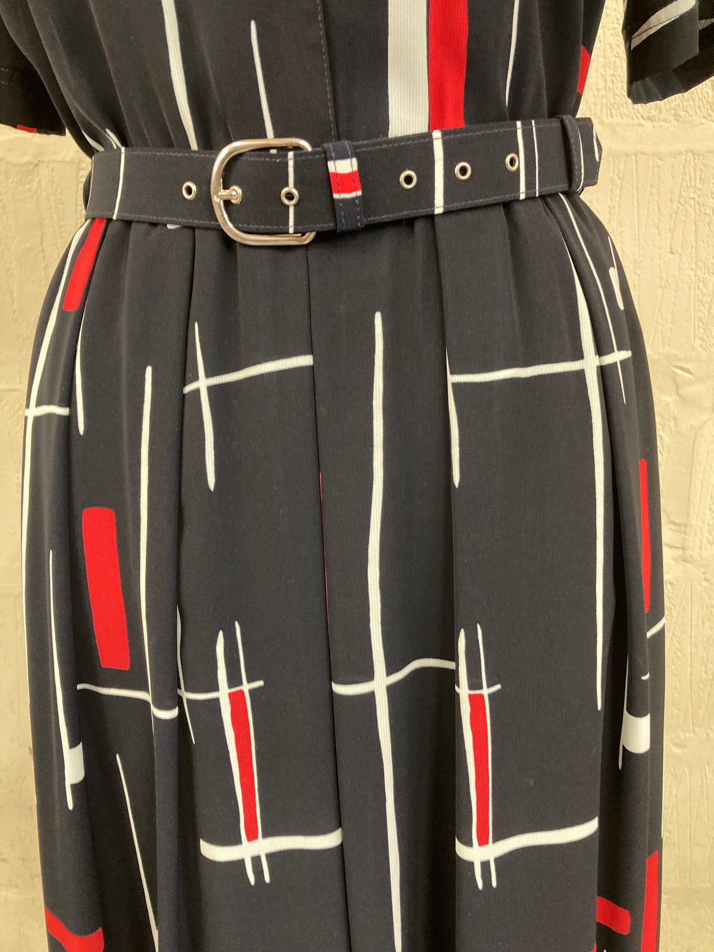 1960s style Mandy Marsh Black with White and Red Geo Print Maxi Dress Size 10