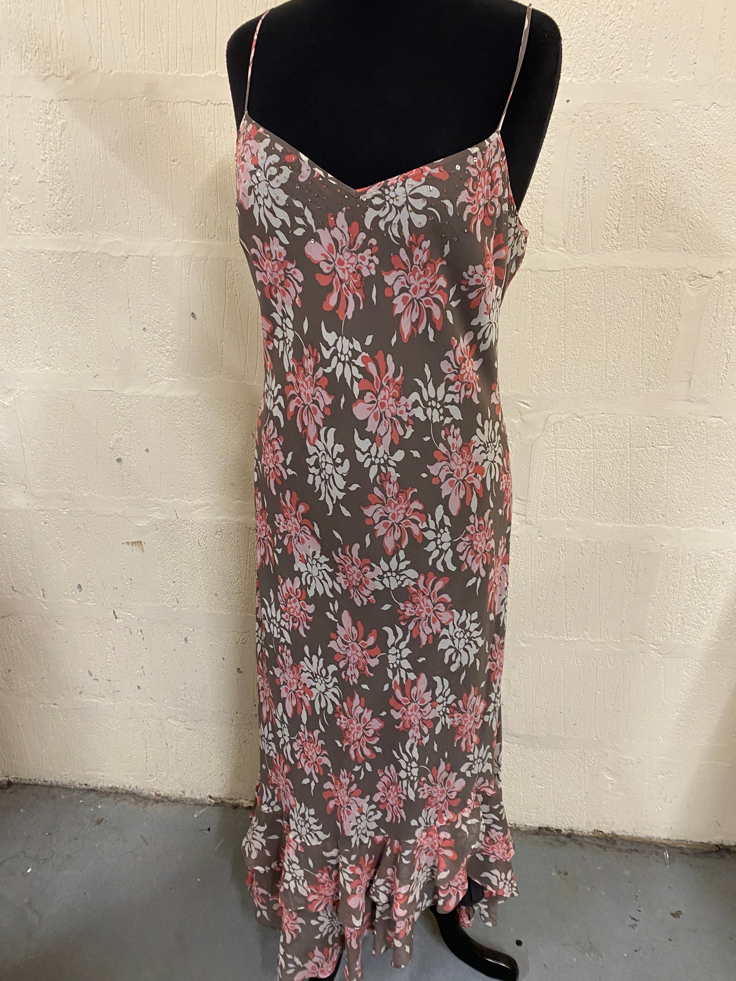 Silk Coffee Coloured Pink Florals with Sequin Strappy Maxi Dress Size 16