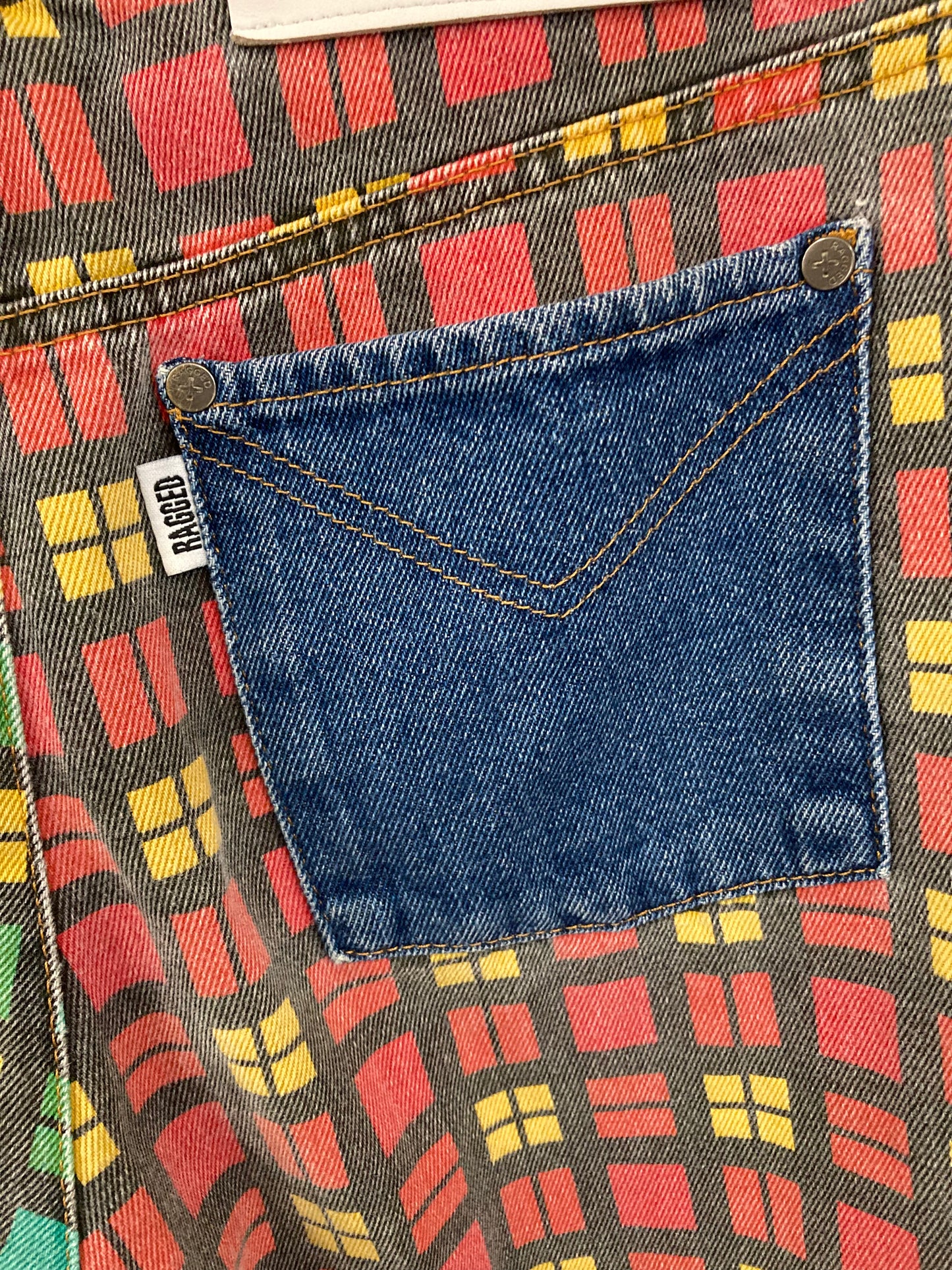 00s Ragged Jeans High Waisted Red, Green and Yellow Check Blue Jean Size 8 W 26