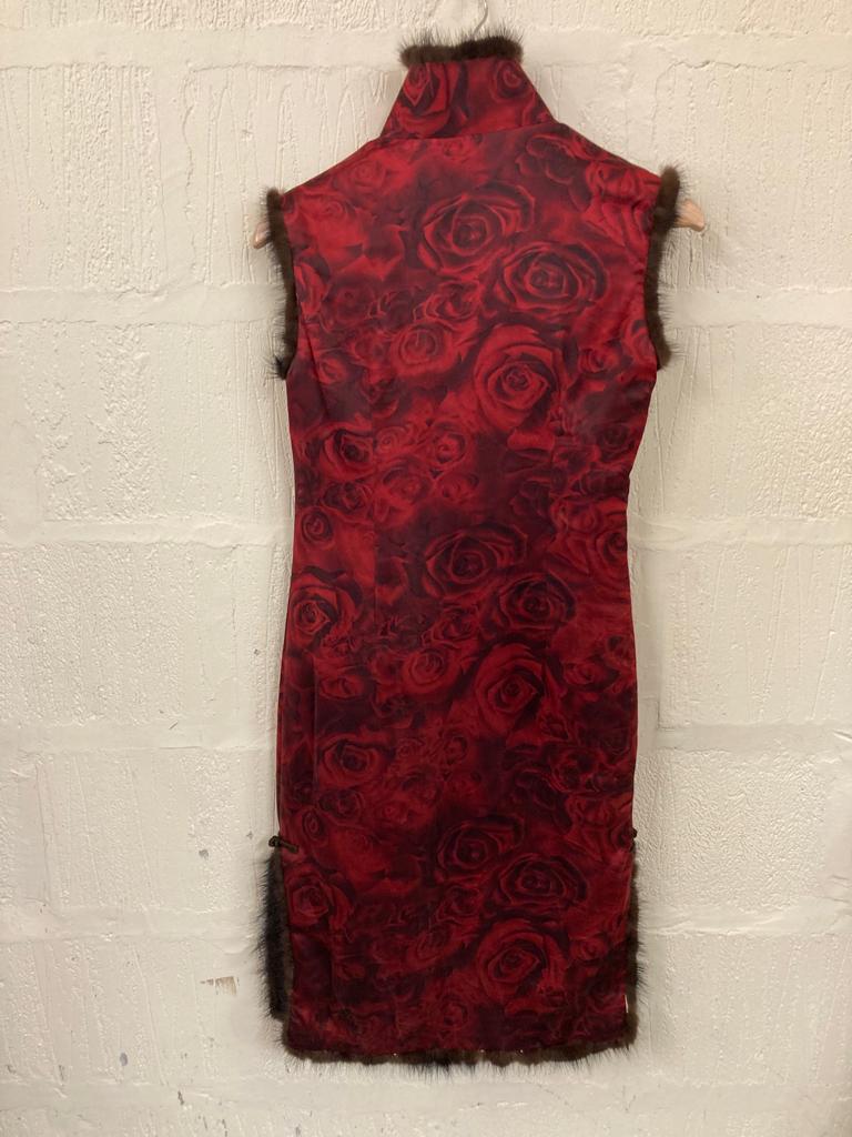 Vintage Sleeveless Padded Chinese Style Red Rose Cheongsam Midi Dress Size S