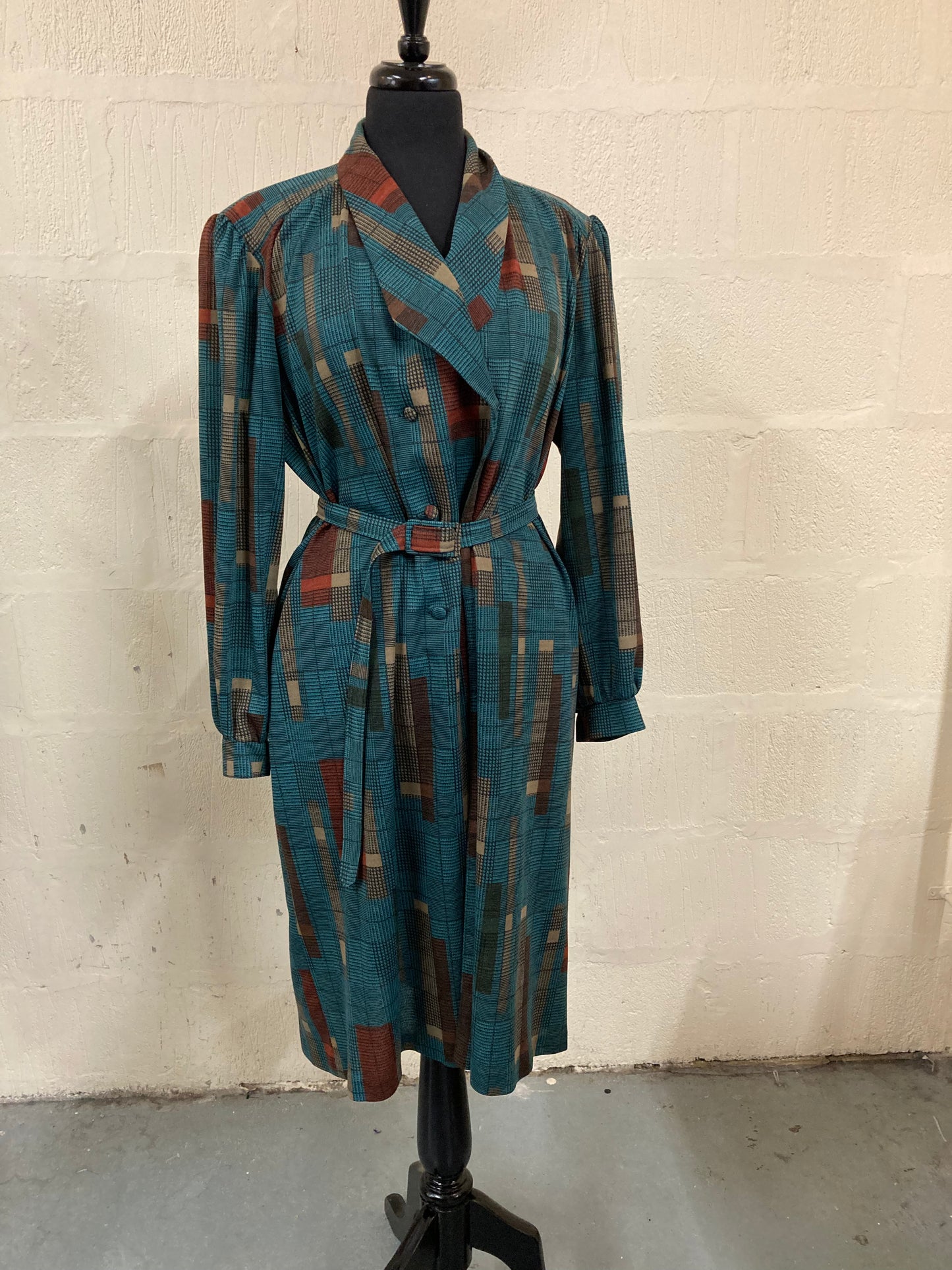1960s Style Midi Green and Taupe Double Breasted Dress Size 20