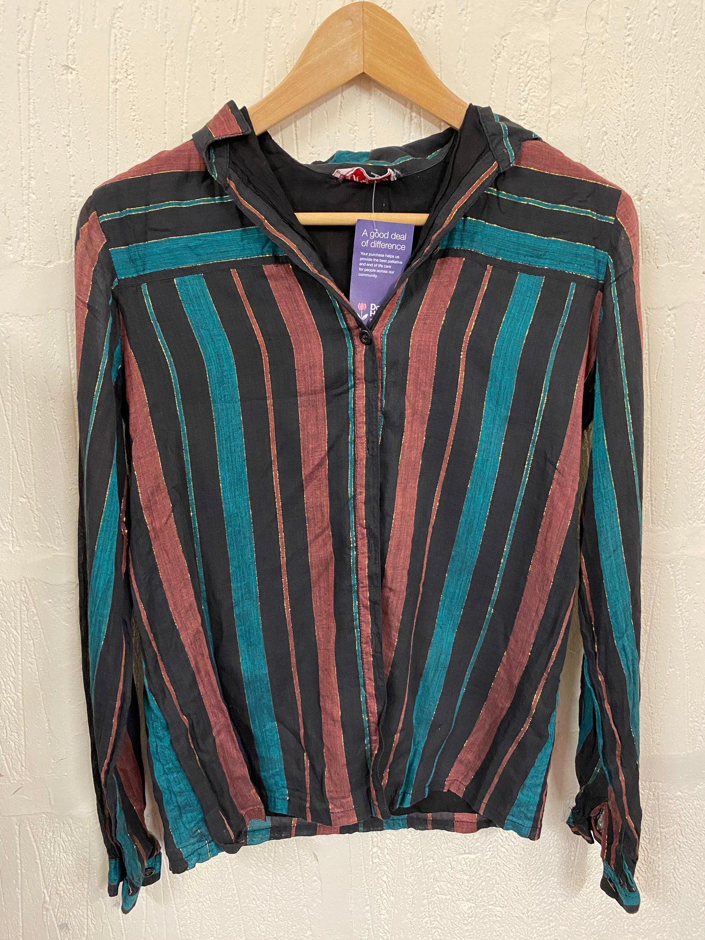 Black, Green, Brown with Gold stripe Blouse Size 8