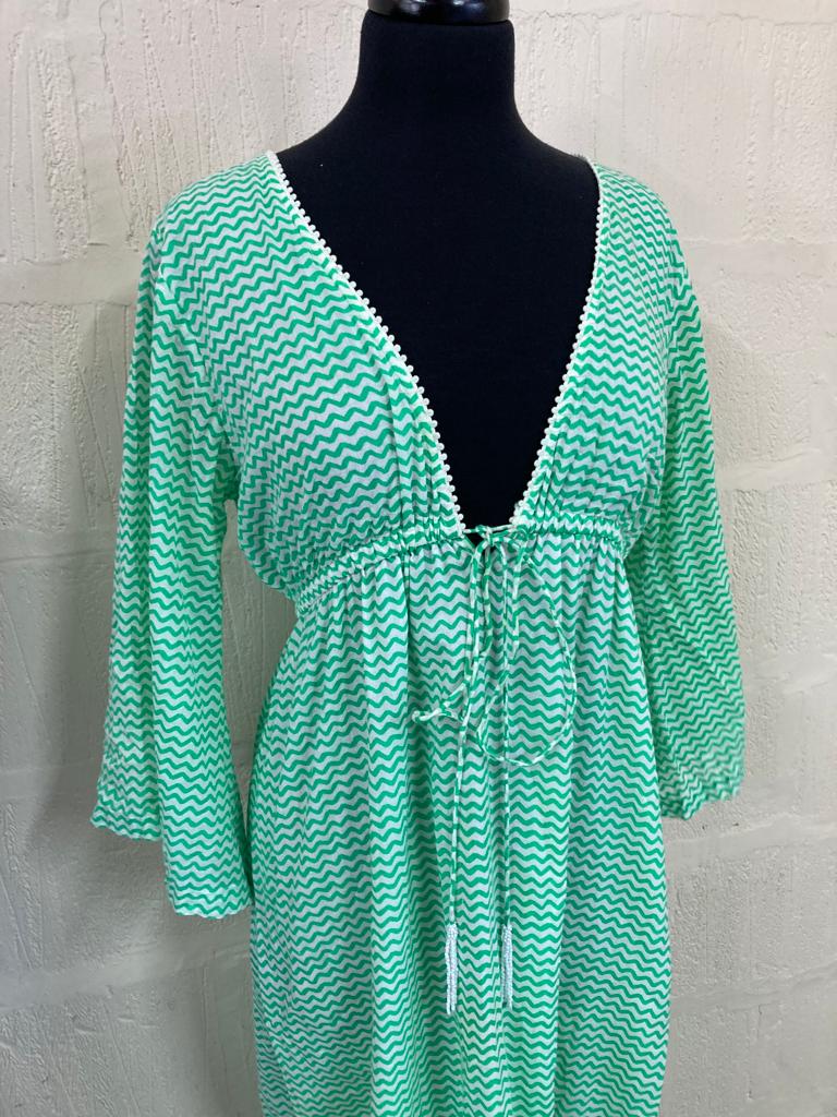 Boho Green and White Maxi Kaftan Dress Size L