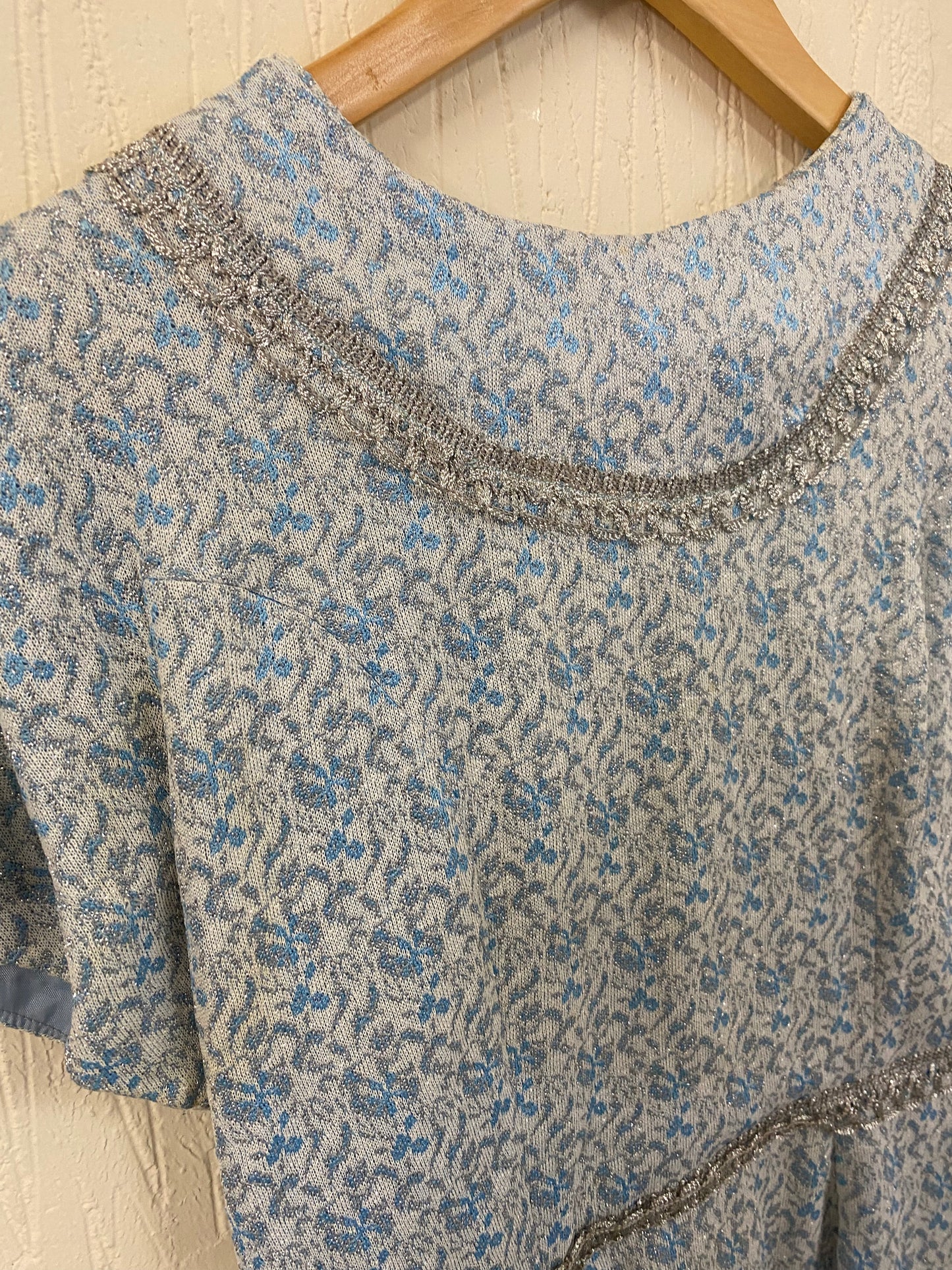 Vintage Hand Made Duck Egg Blue and Silver Shimmer Fabric Dress Size 8-10