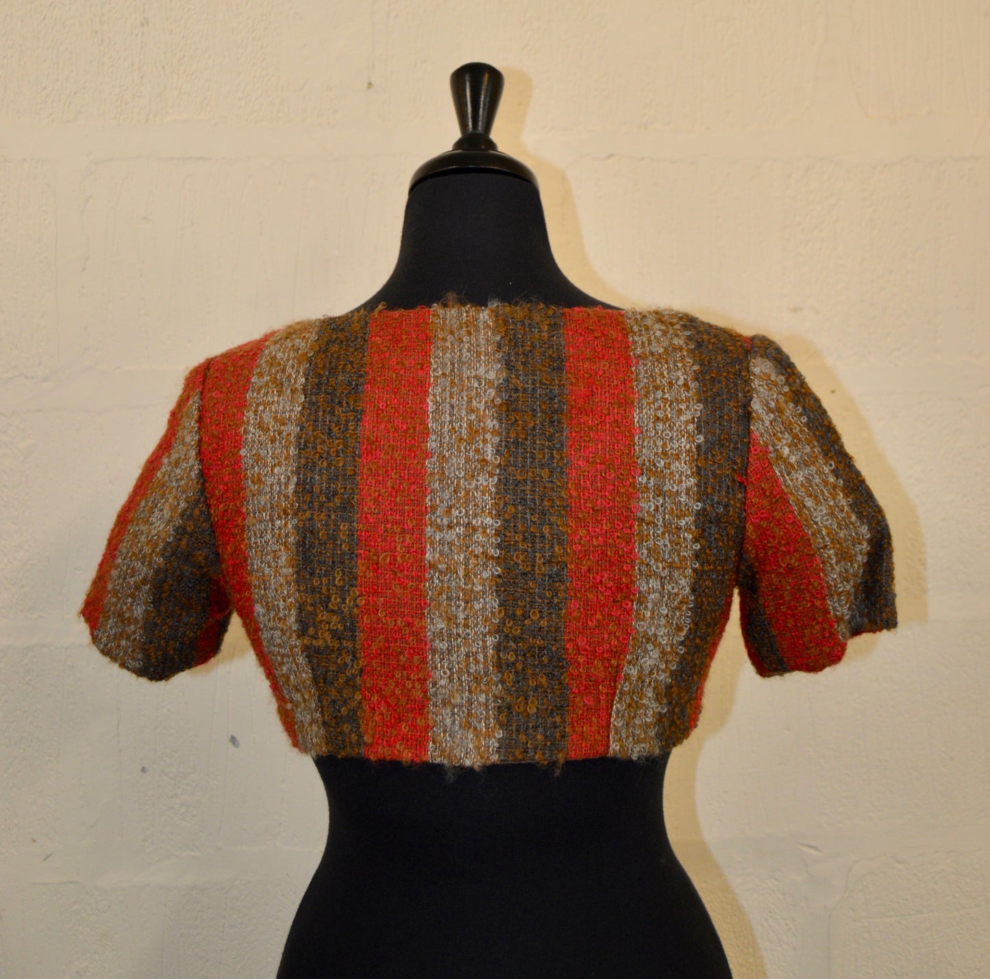 Vintage Boucle Brown and Red Cropped Striped Jacket Size 10