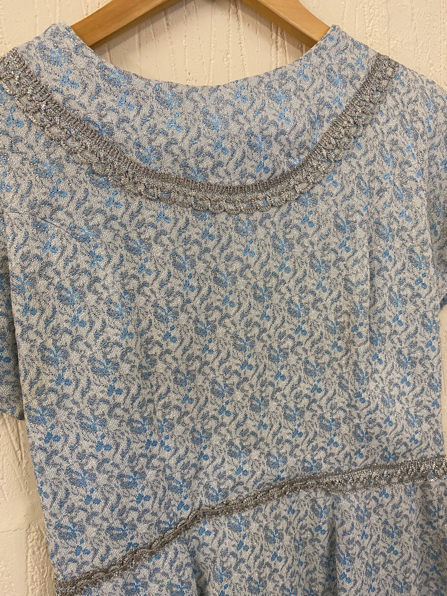 Vintage Hand Made Duck Egg Blue and Silver Shimmer Fabric Dress Size 8-10