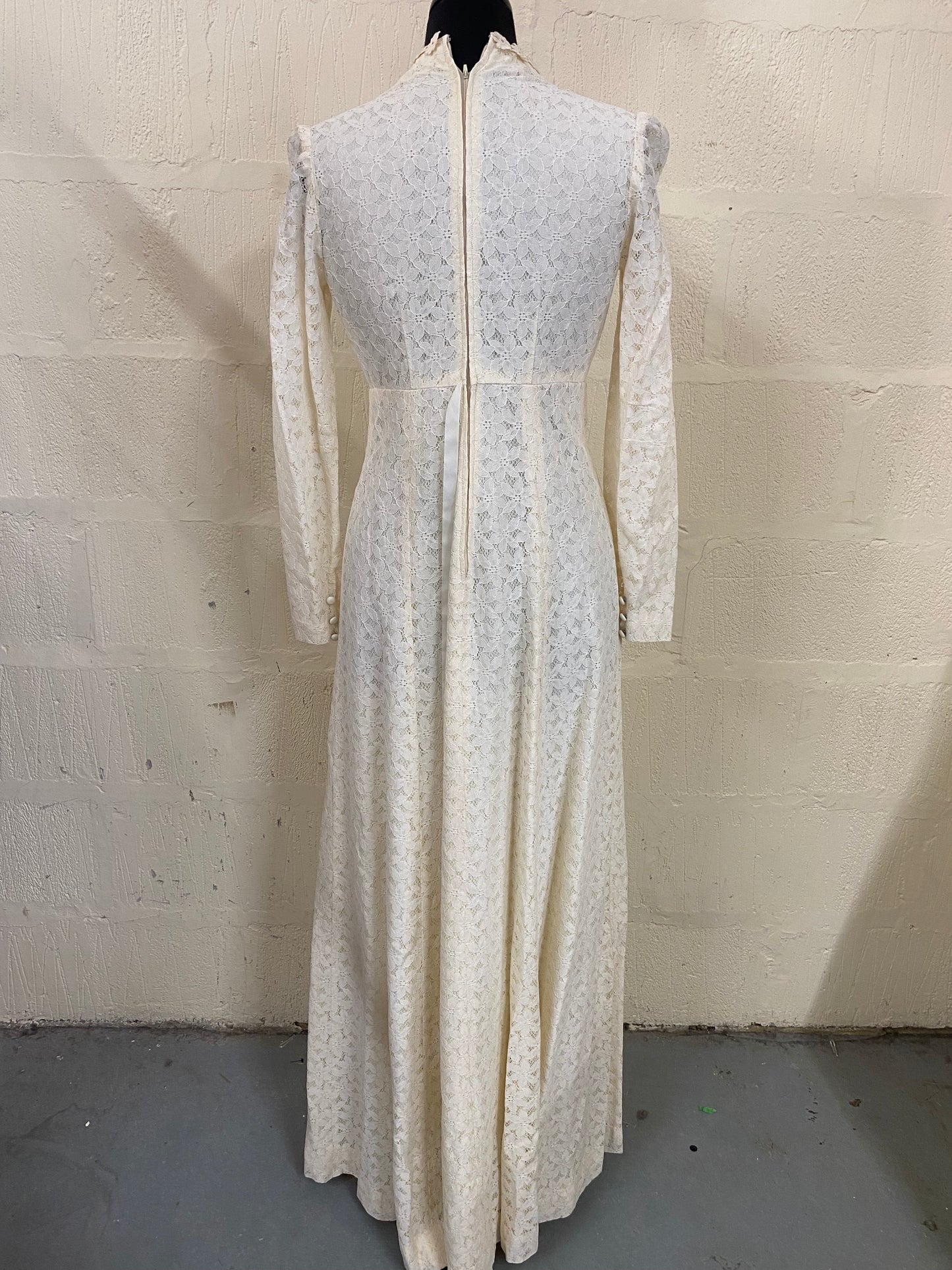 Hand Made 1960s Vintage Cream Lace Wedding Maxi Dress Size 8