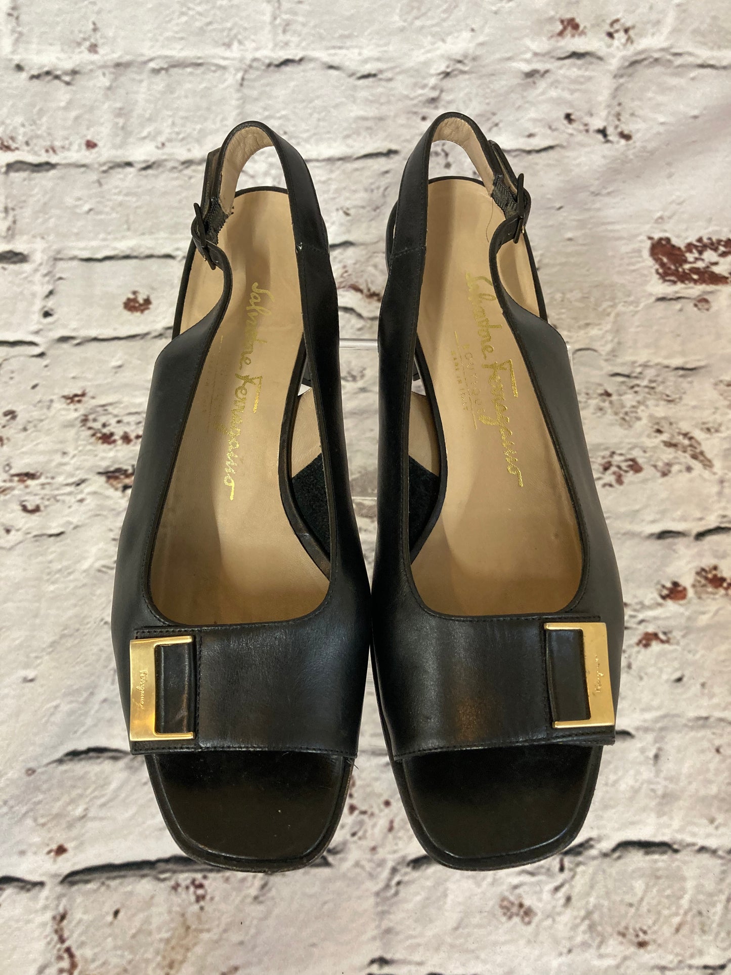 1980s Salvatore Ferragamo Black Peep Toe Buckled Sling Backs Size 3.5 (36)