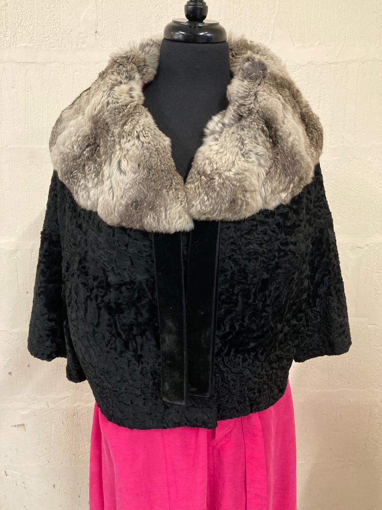 Vintage Designer Black Astrakhan Fur Jacket with Rabbit Fur Collar Size M- L