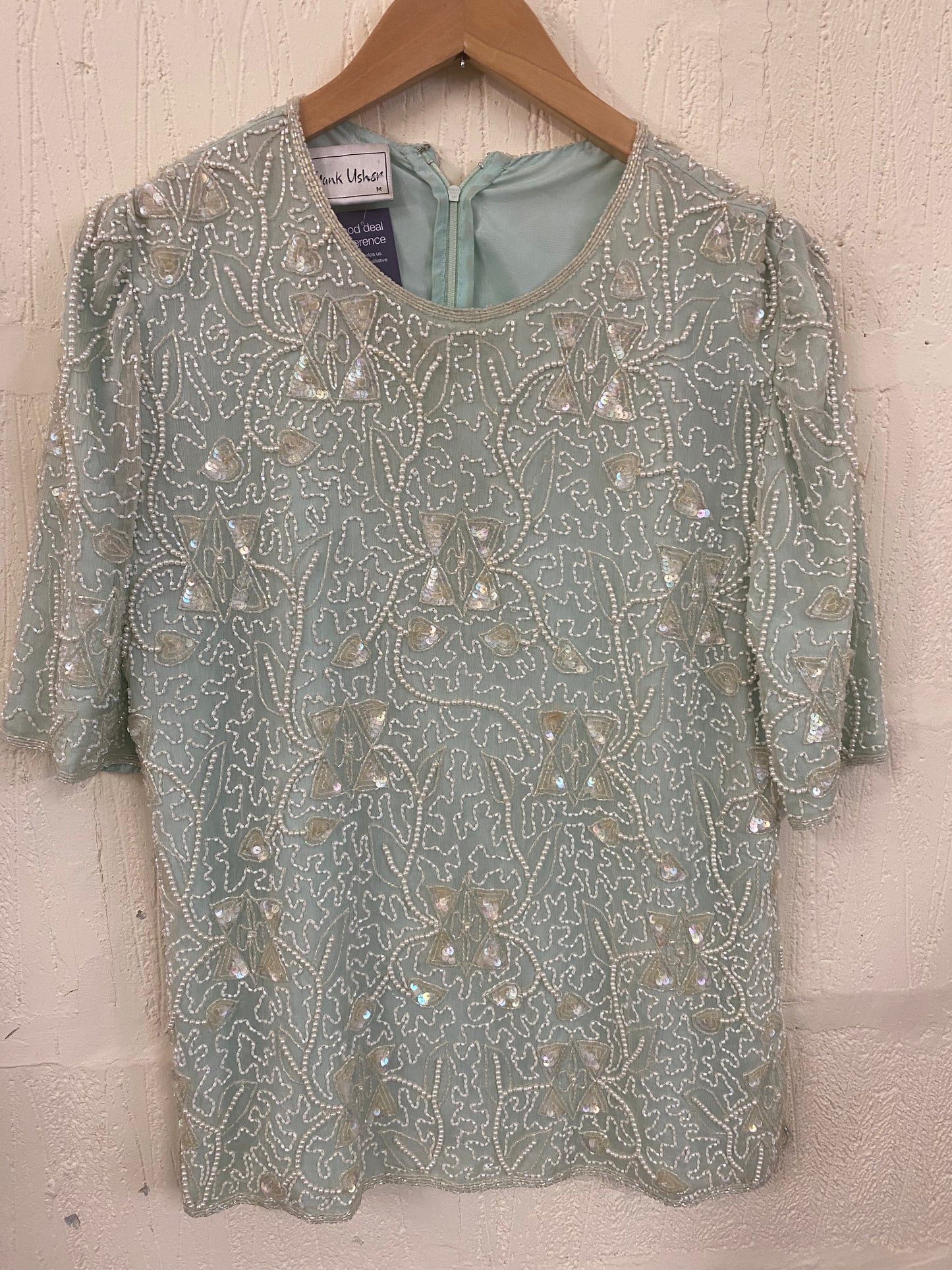 Vintage Light Green Frank Usher Silk and Sequin Top Size 12-14