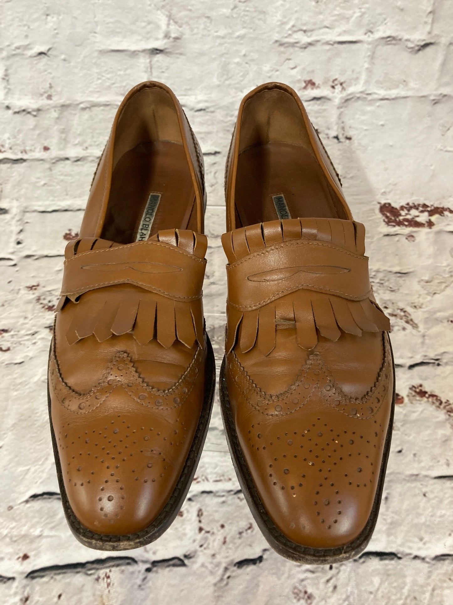 Vintage Manolo Blahnik Tan Leather Fringed Loafers Size 7.5