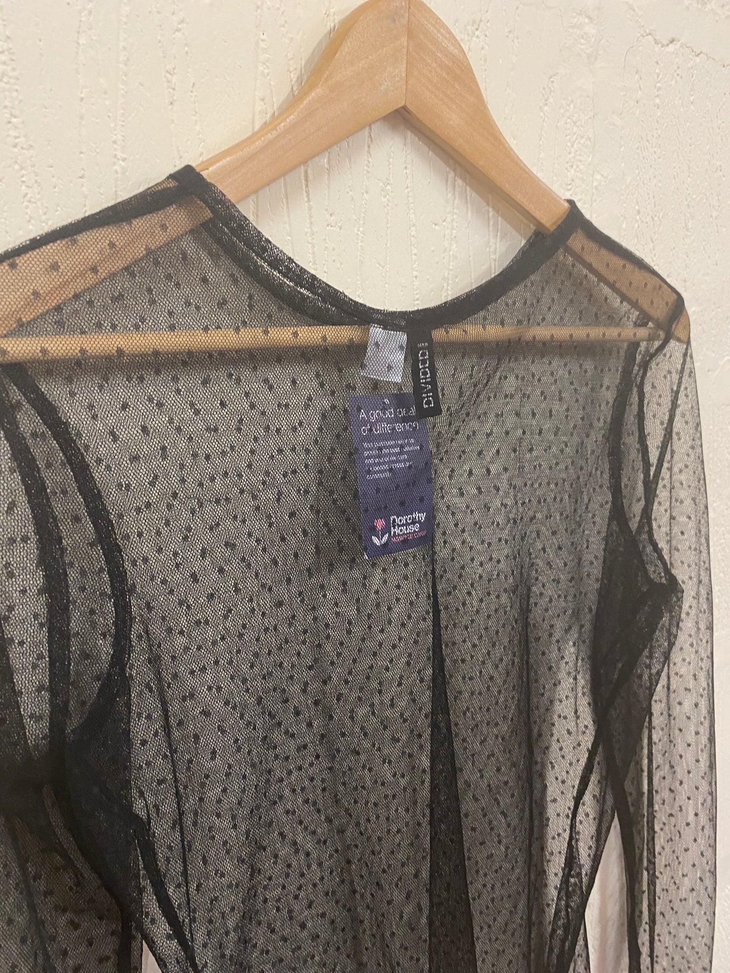 Black Sheer Polka Dot Sleeved Top Size 12