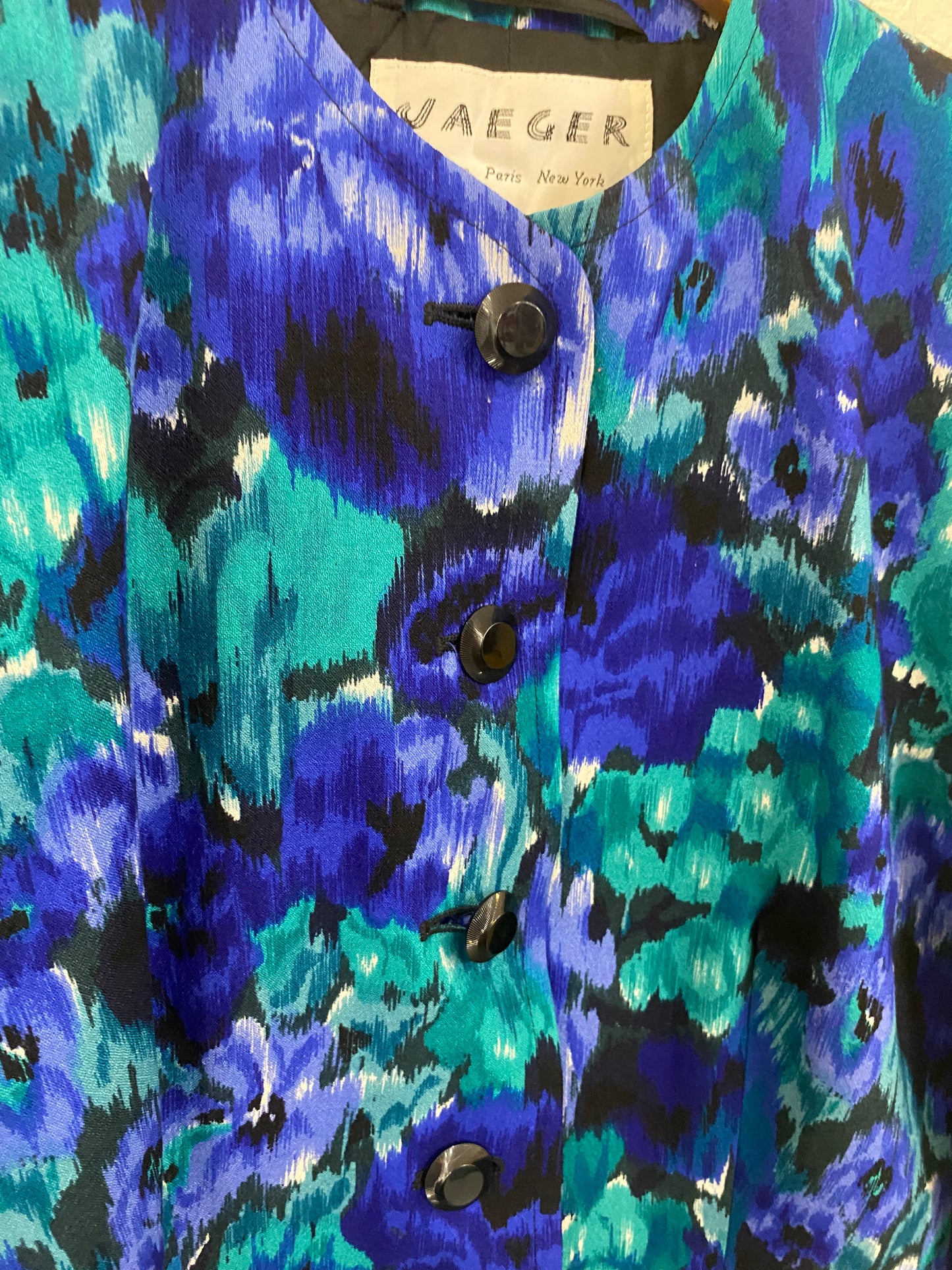 Vintage Jaeger Blue and Turquoise Splashy Print Jacket Size 14
