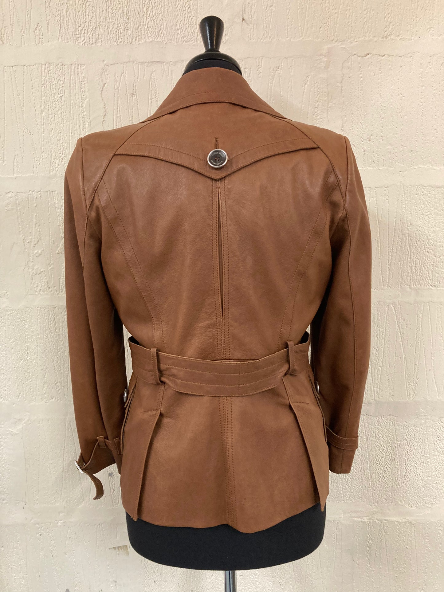1970s style Karen Millen Tan Leather Double Breasted Belted Jacket Size 12