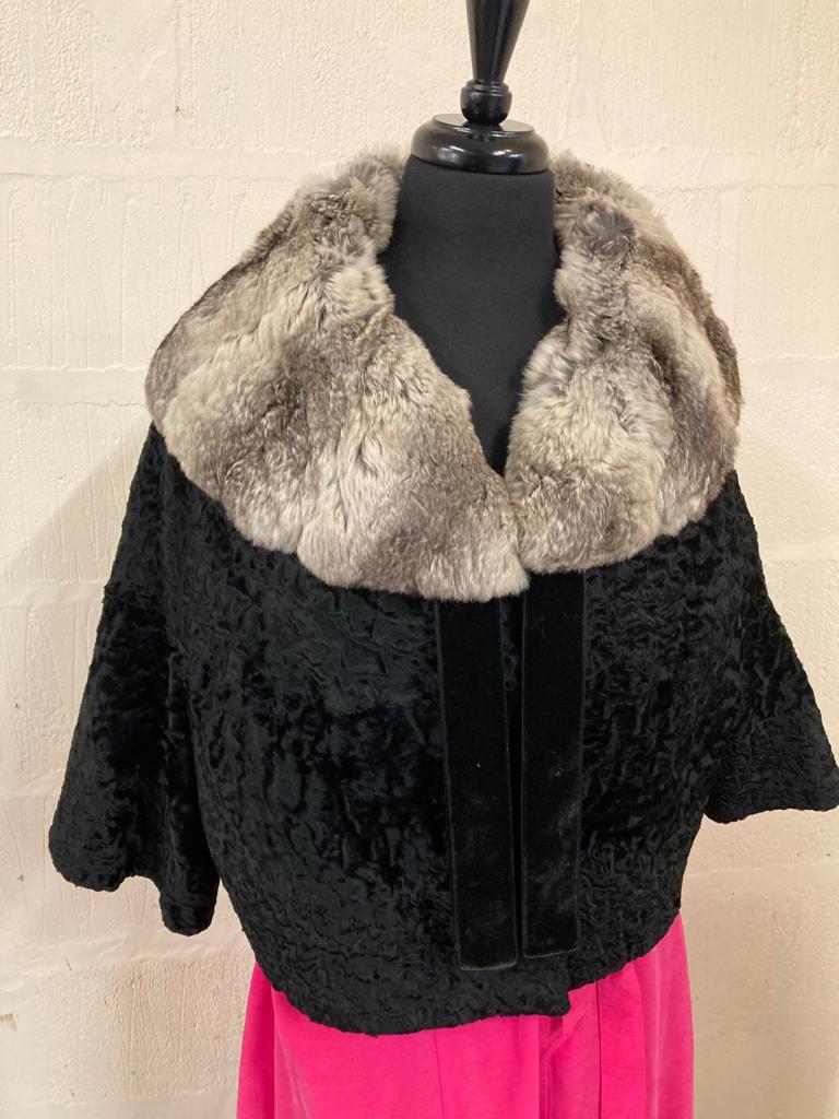 Vintage Designer Black Astrakhan Fur Jacket with Rabbit Fur Collar Size M- L
