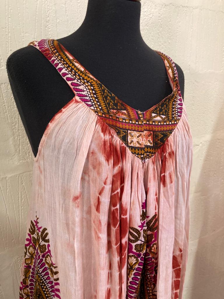 1990s Peach Tie Dye and Patterned Sun Dress Size 10-12