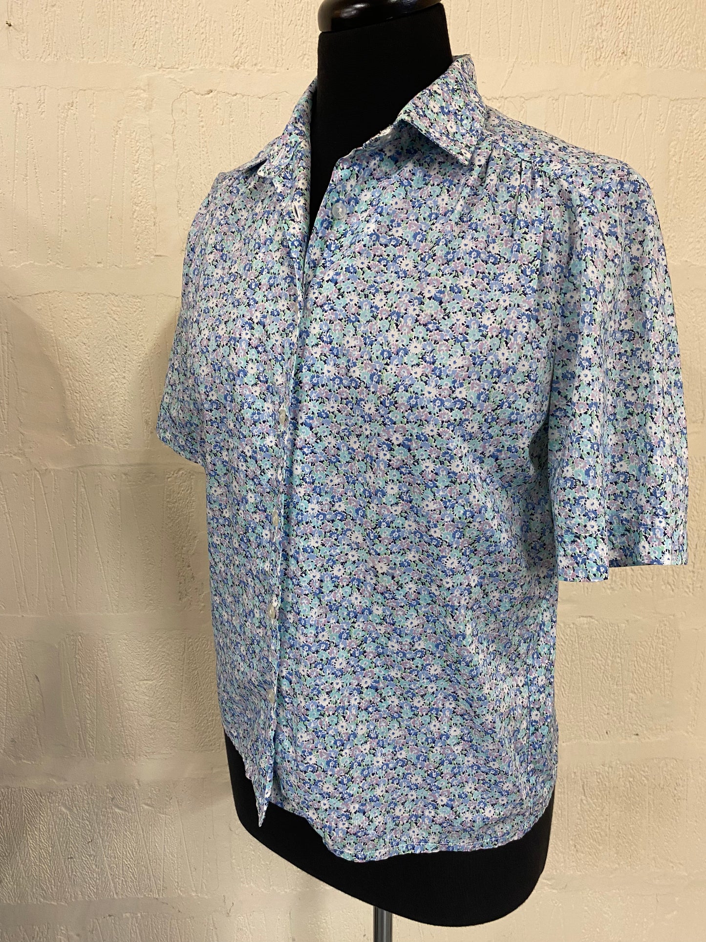 Vintage Made in England Ditsy Print Blue and White Blouse Size 12