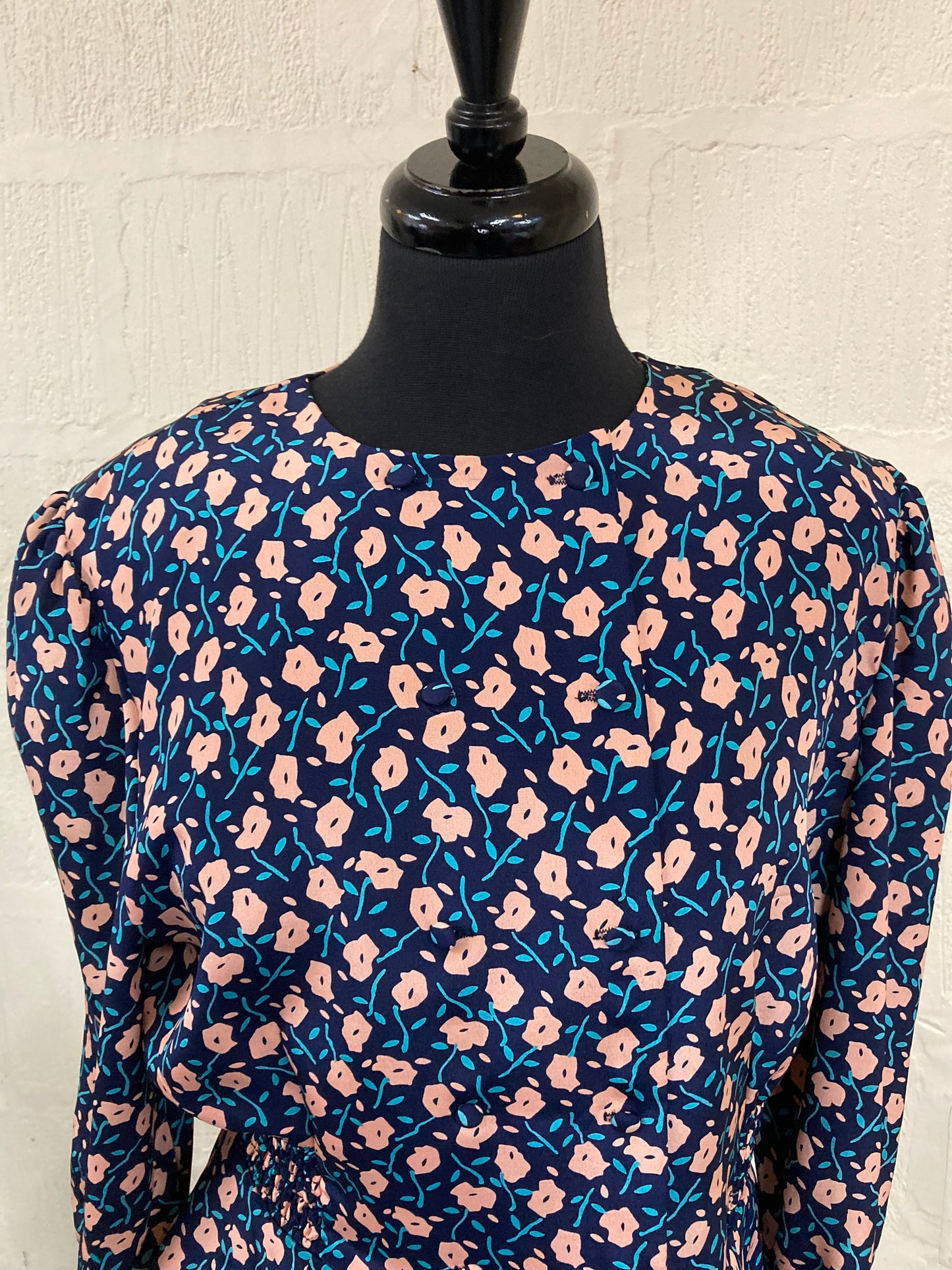 1980s Vintage Berkertex Navy with Pink and Turquoise Floral Top Size 16