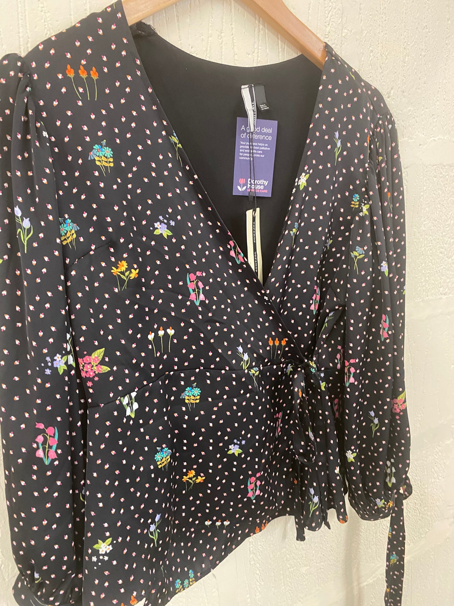 1970s Style Black and Multi Coloured Floral Design Cross Over Tie Top Size 12