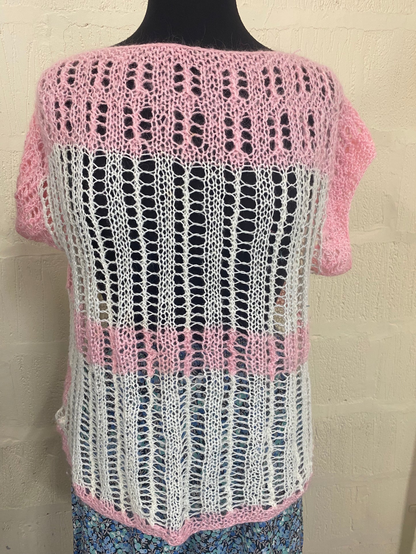 Hand Knitted Short Sleeve Pink Striped Jumper Size 12