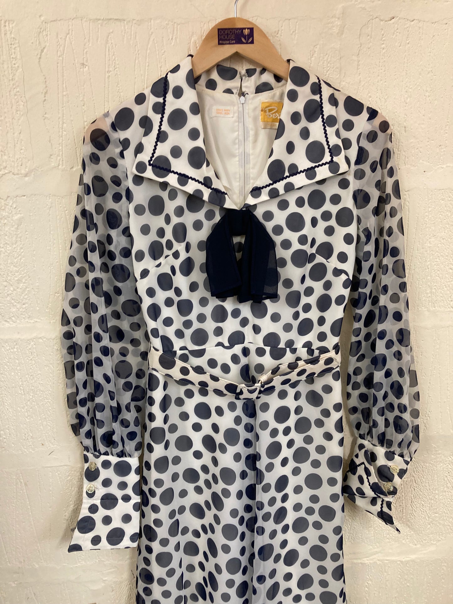 1970s Berketex White with Navy Spots Maxi Dress Size 8/10