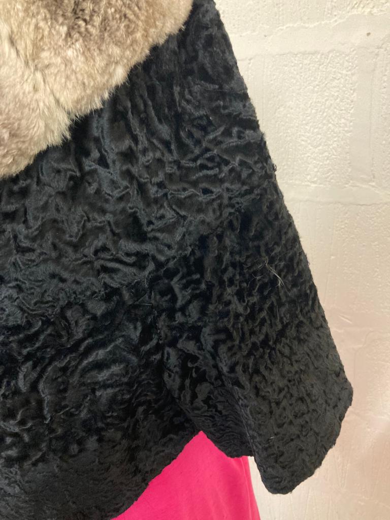 Vintage Designer Black Astrakhan Fur Jacket with Rabbit Fur Collar Size M- L