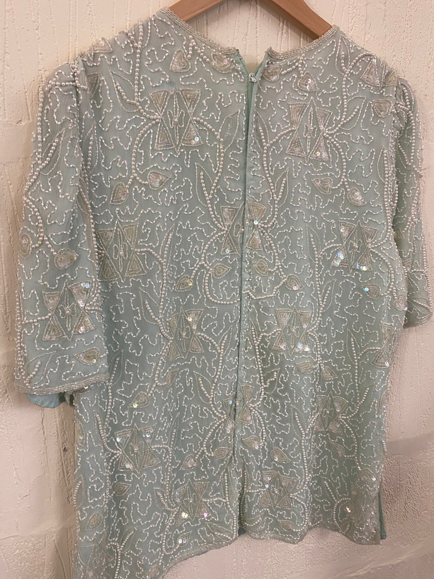 Vintage Light Green Frank Usher Silk and Sequin Top Size 12-14