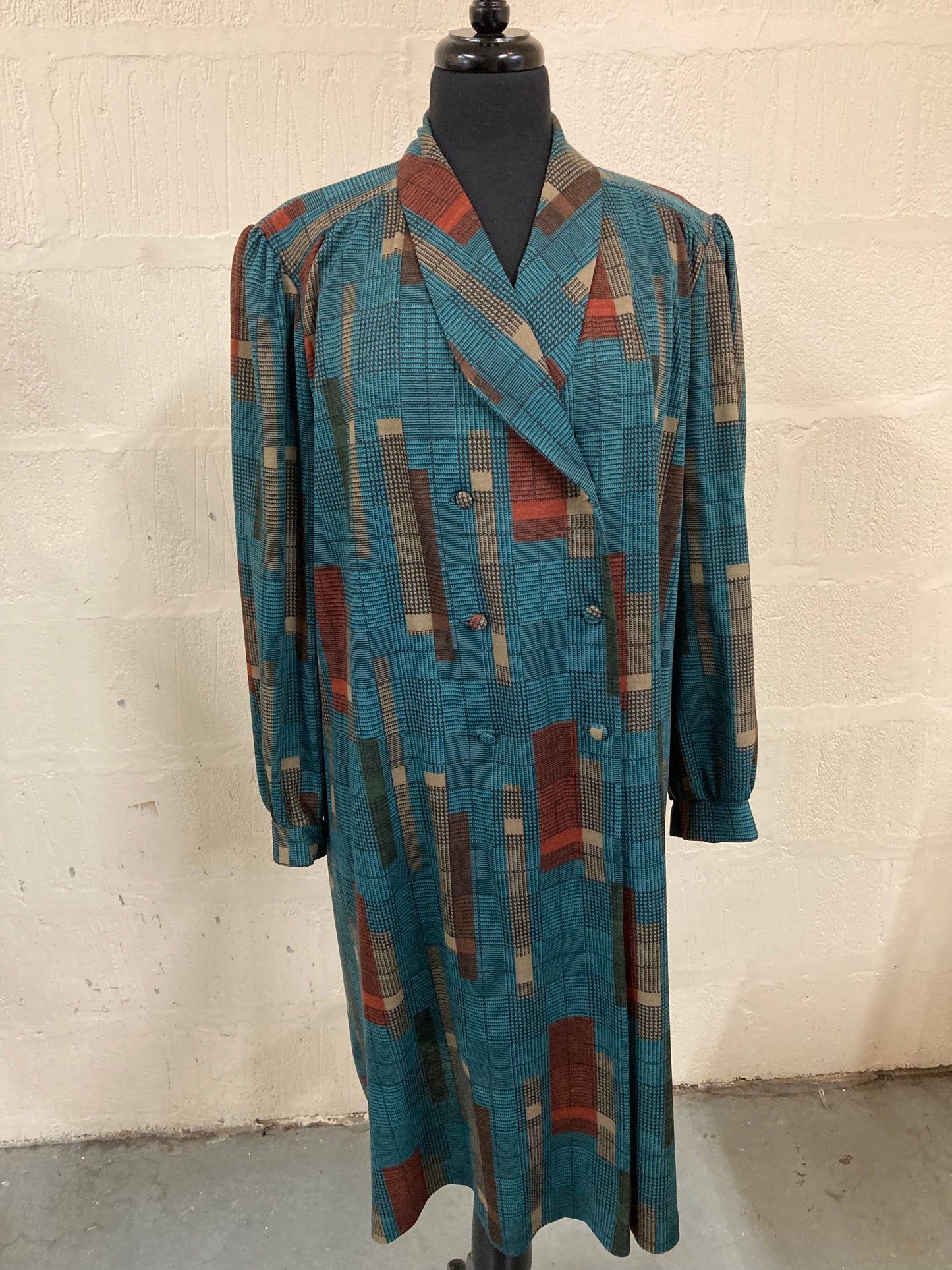 1960s Style Midi Green and Taupe Double Breasted Dress Size 20