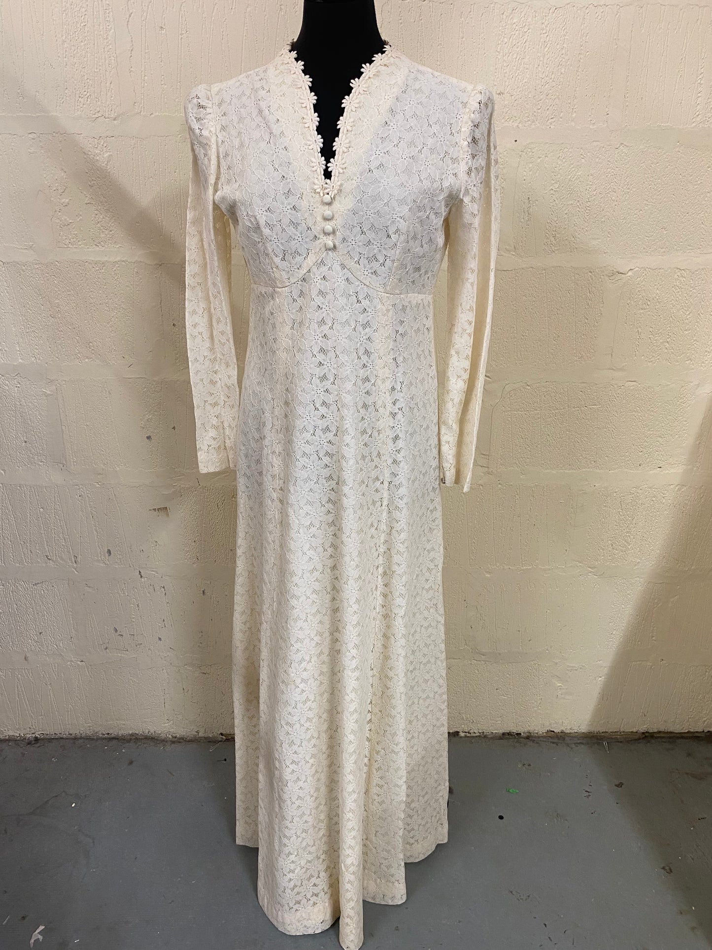 Hand Made 1960s Vintage Cream Lace Wedding Maxi Dress Size 8