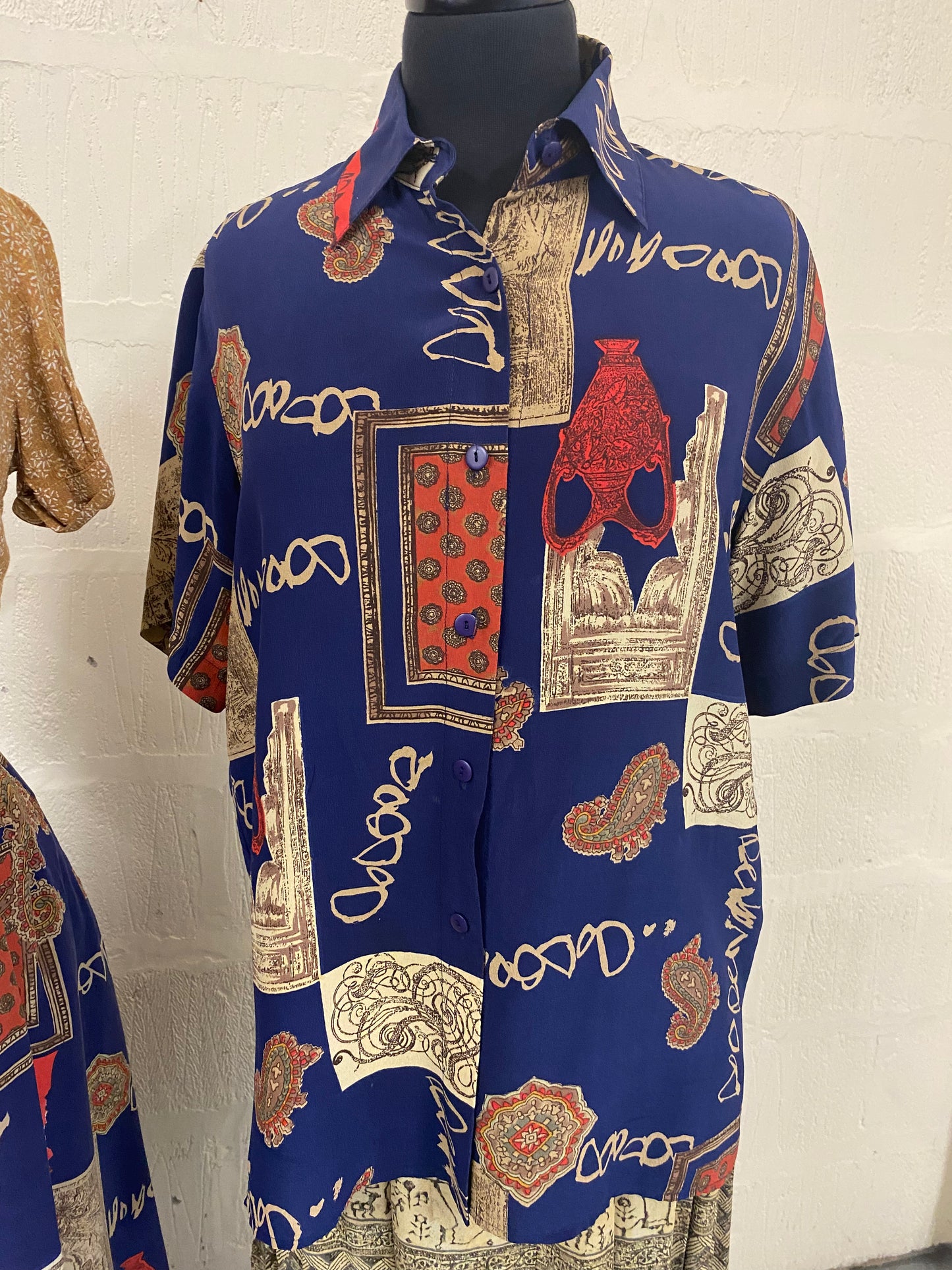 Vintage Navy and Red 100% Silk Italian Printed Blouse Size 12