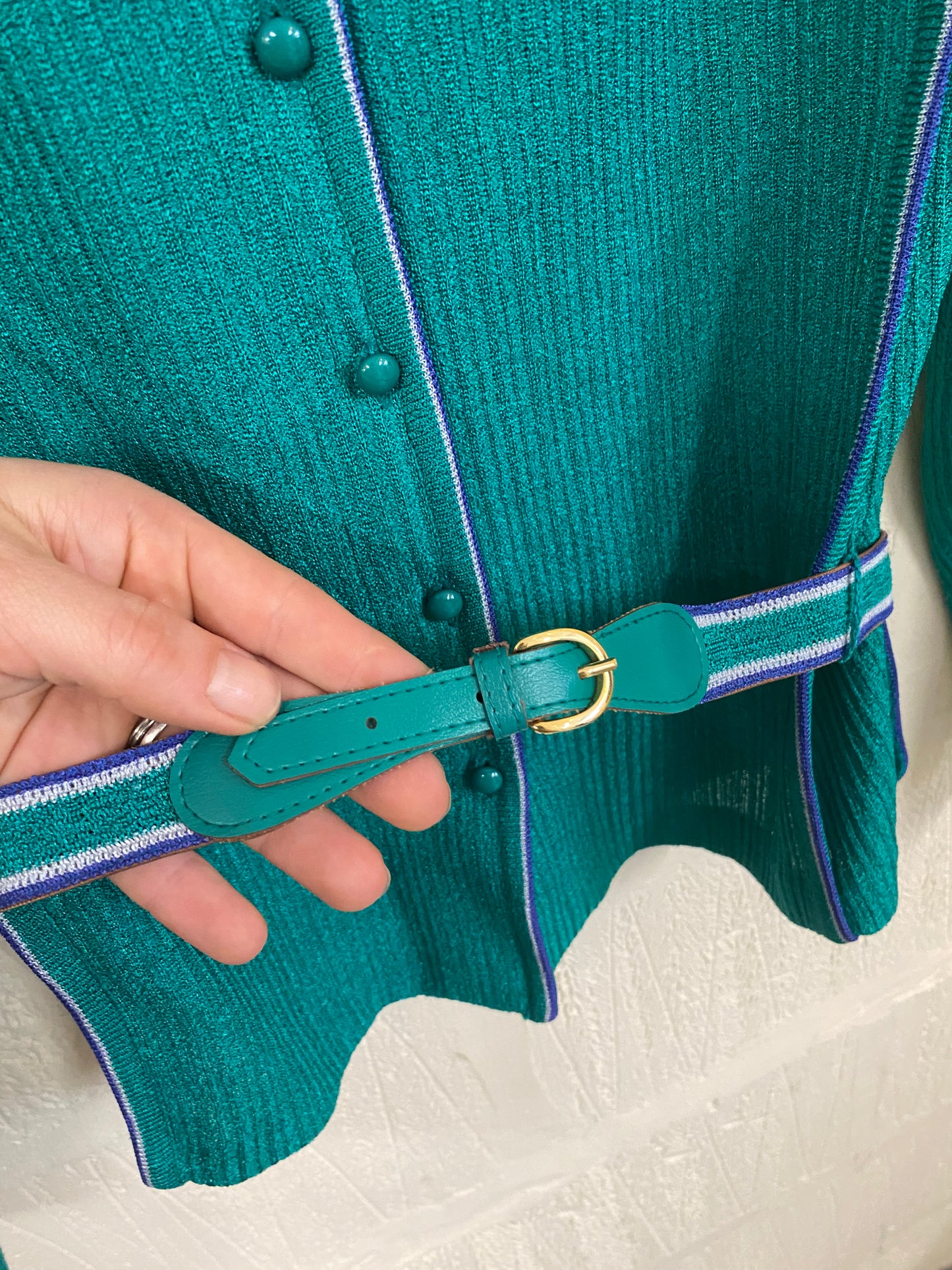 Vintage Geeky Sport Teal and Navy Cardigan with Belt Size 8
