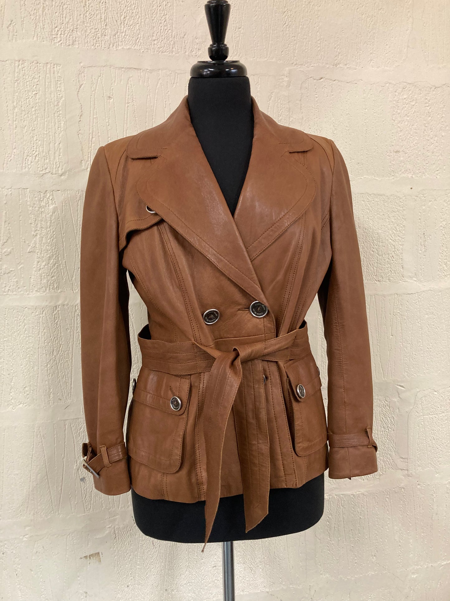 1970s style Karen Millen Tan Leather Double Breasted Belted Jacket Size 12