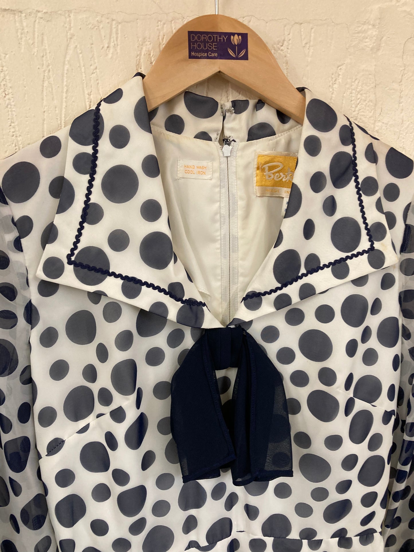 1970s Berketex White with Navy Spots Maxi Dress Size 8/10