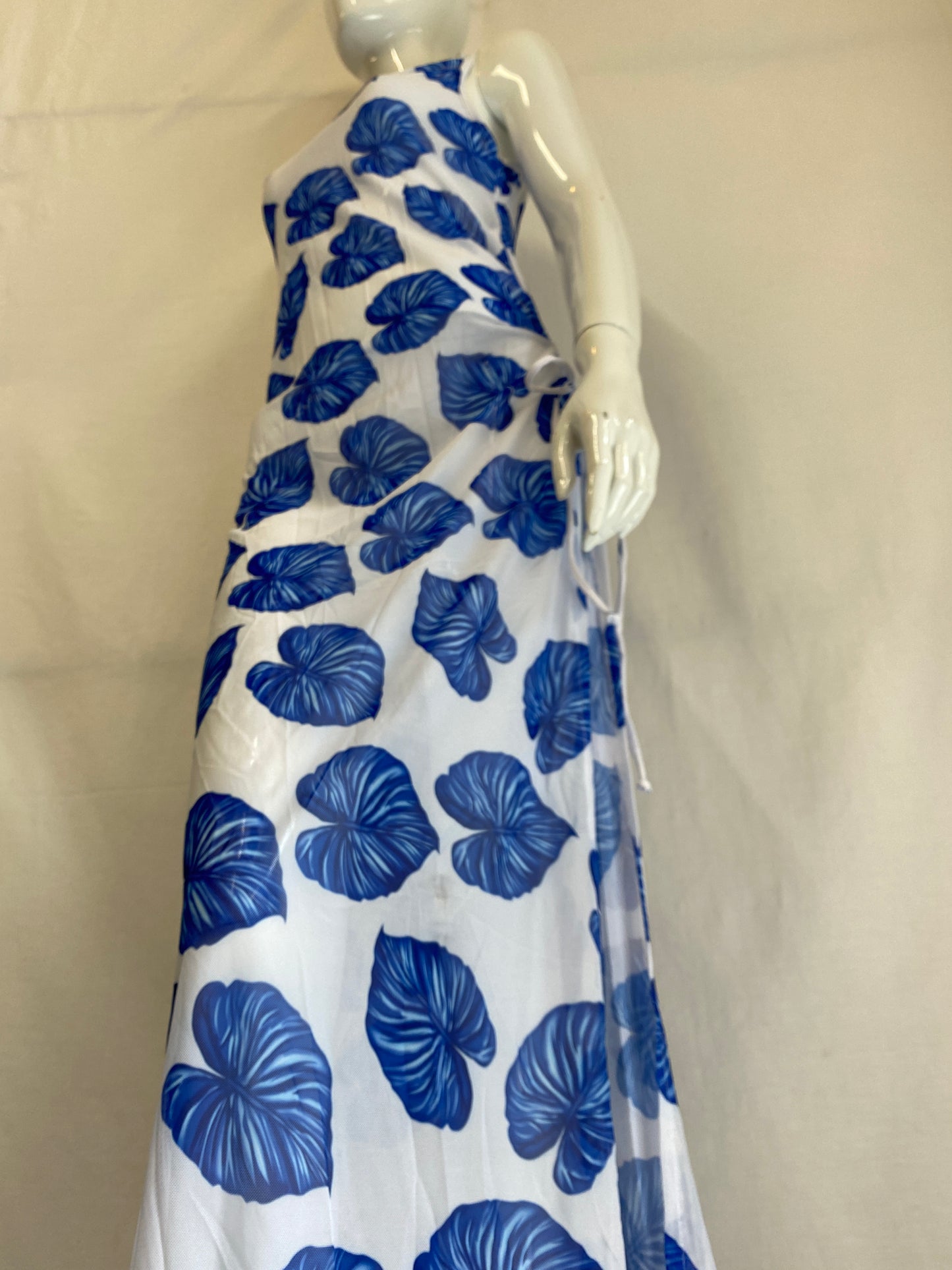 Sheer Blue & White Leafy Beach Cover Up Maxi Dress Size 8