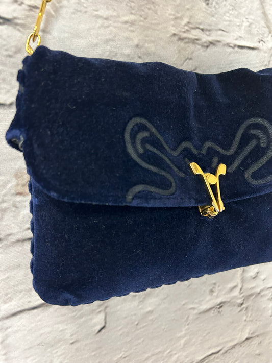 1970s Midnight Blue Velvet Shoulder / Clutch Bag with Gold Chain