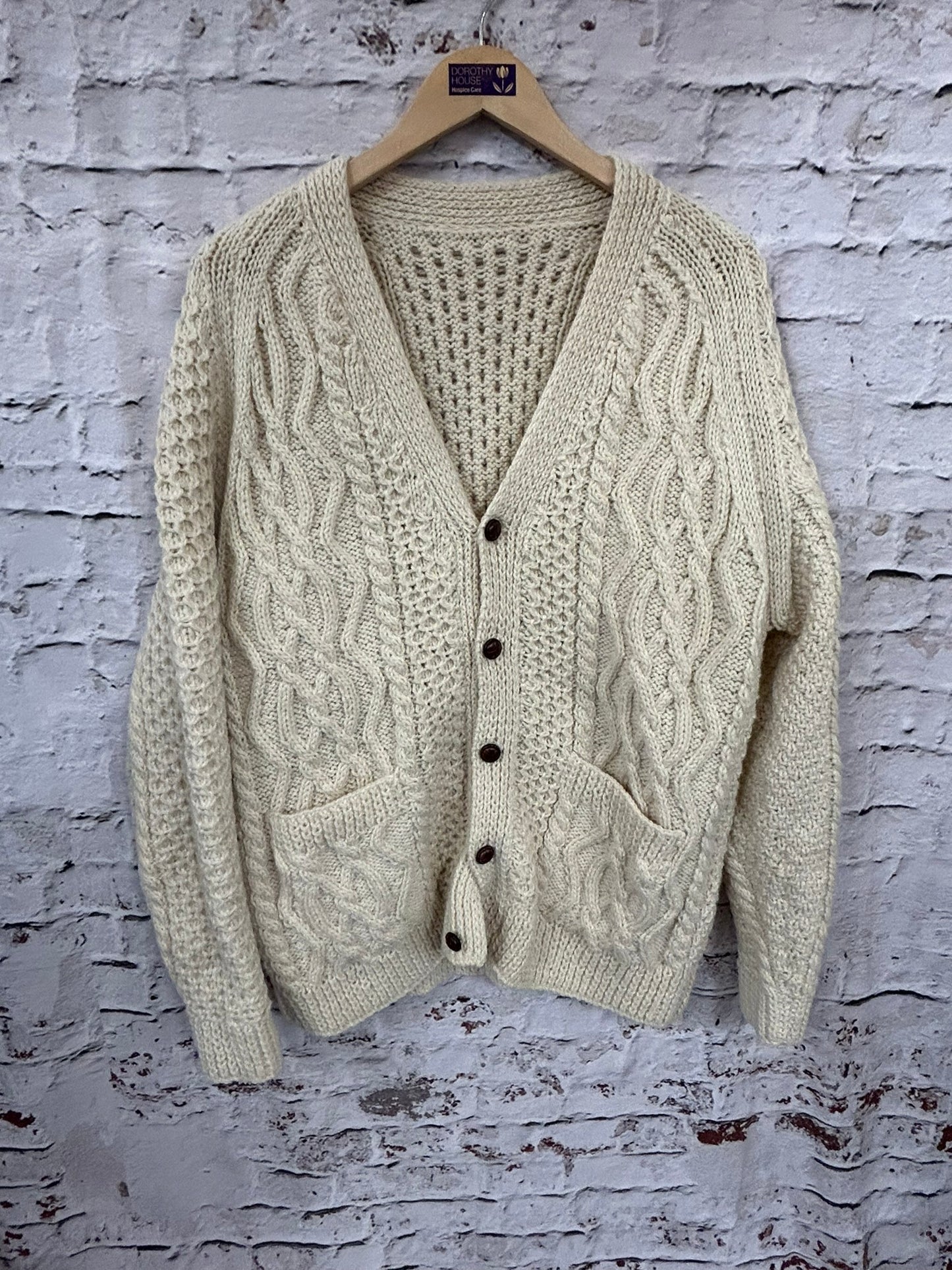 1980s Style Oversized Cream Chunky Cable Knit Cardigan Size 14