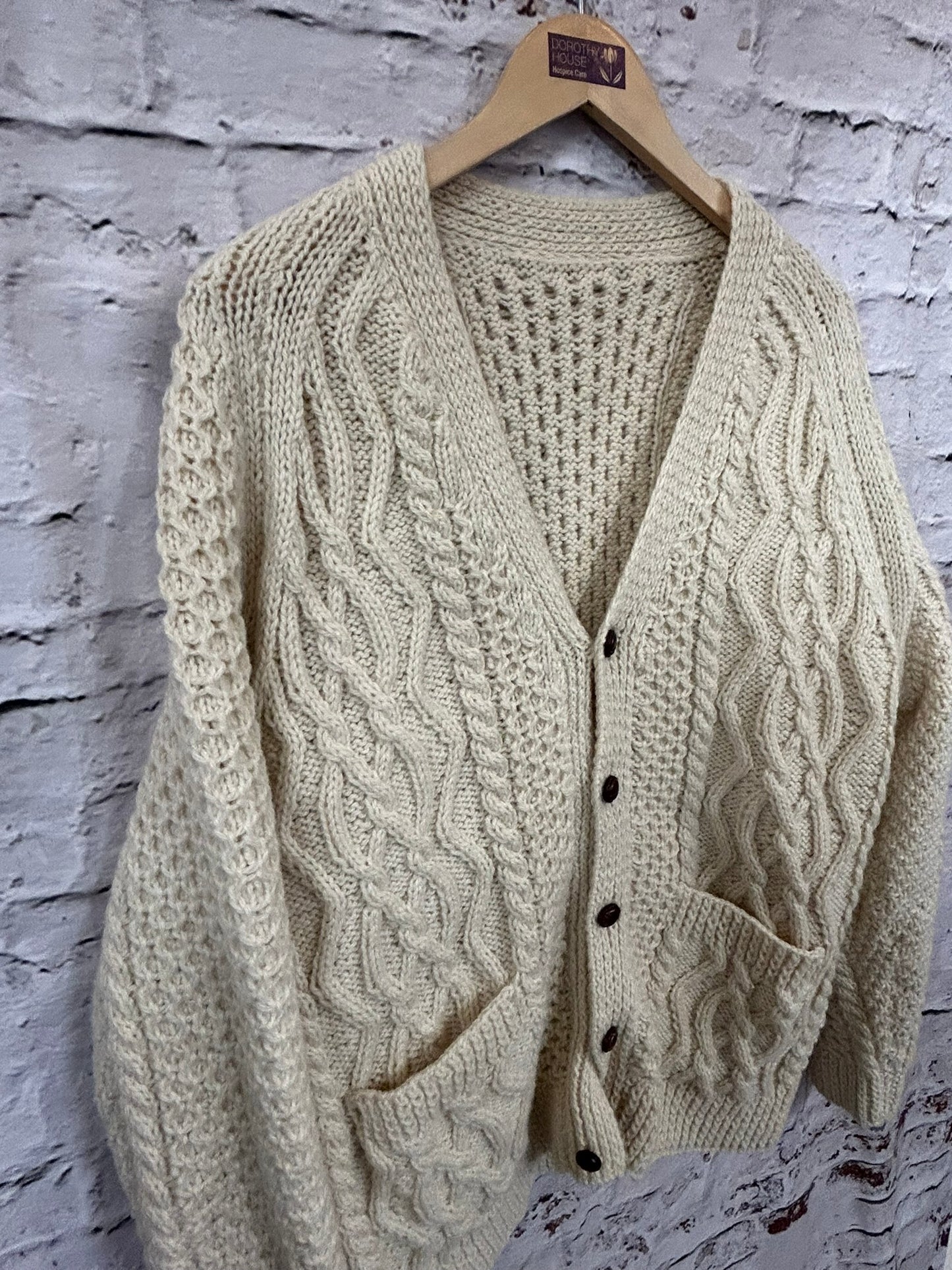1980s Style Oversized Cream Chunky Cable Knit Cardigan Size 14