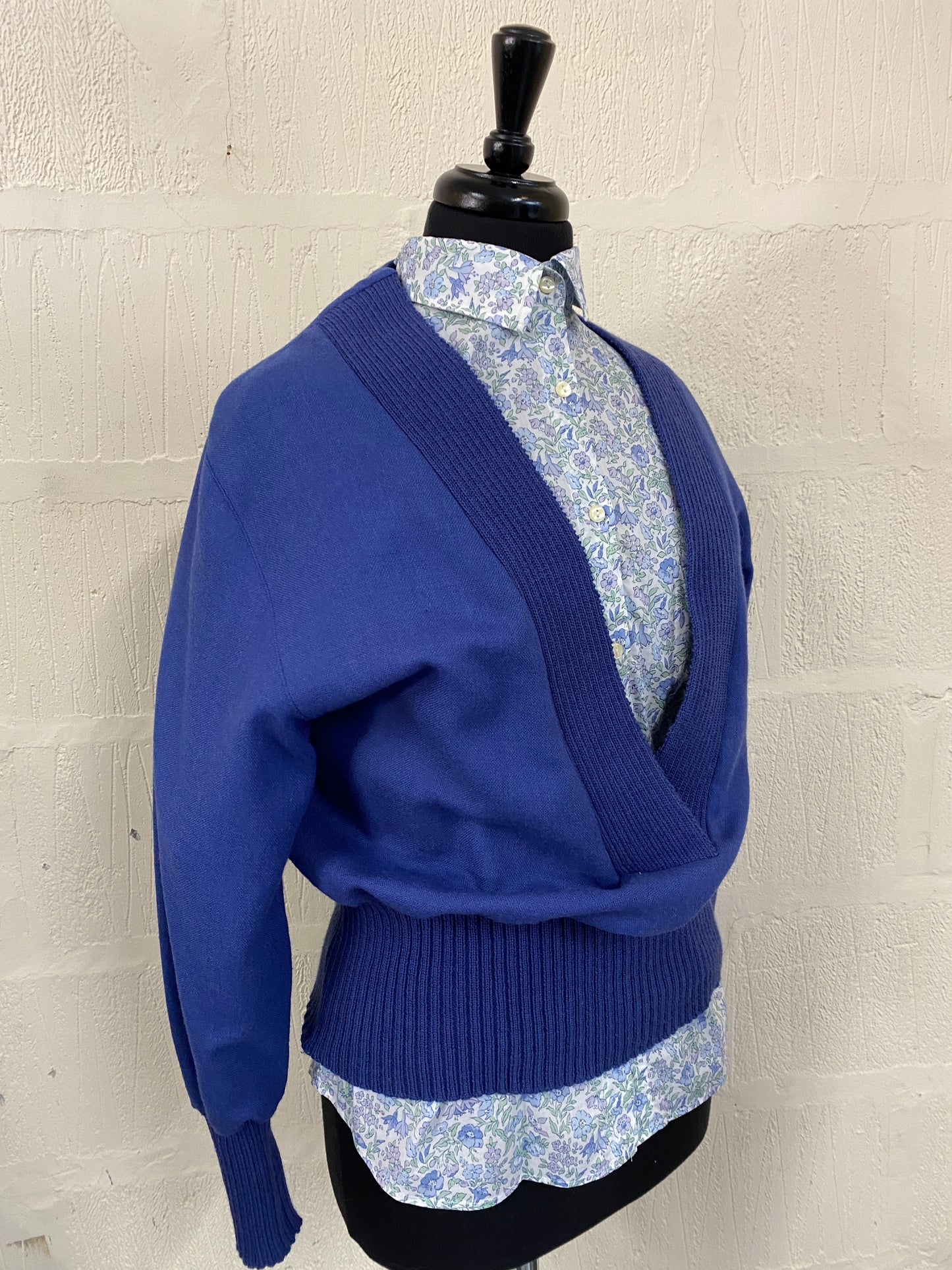 Vintage Pure Wool Blue Plunge V Neck Sweater