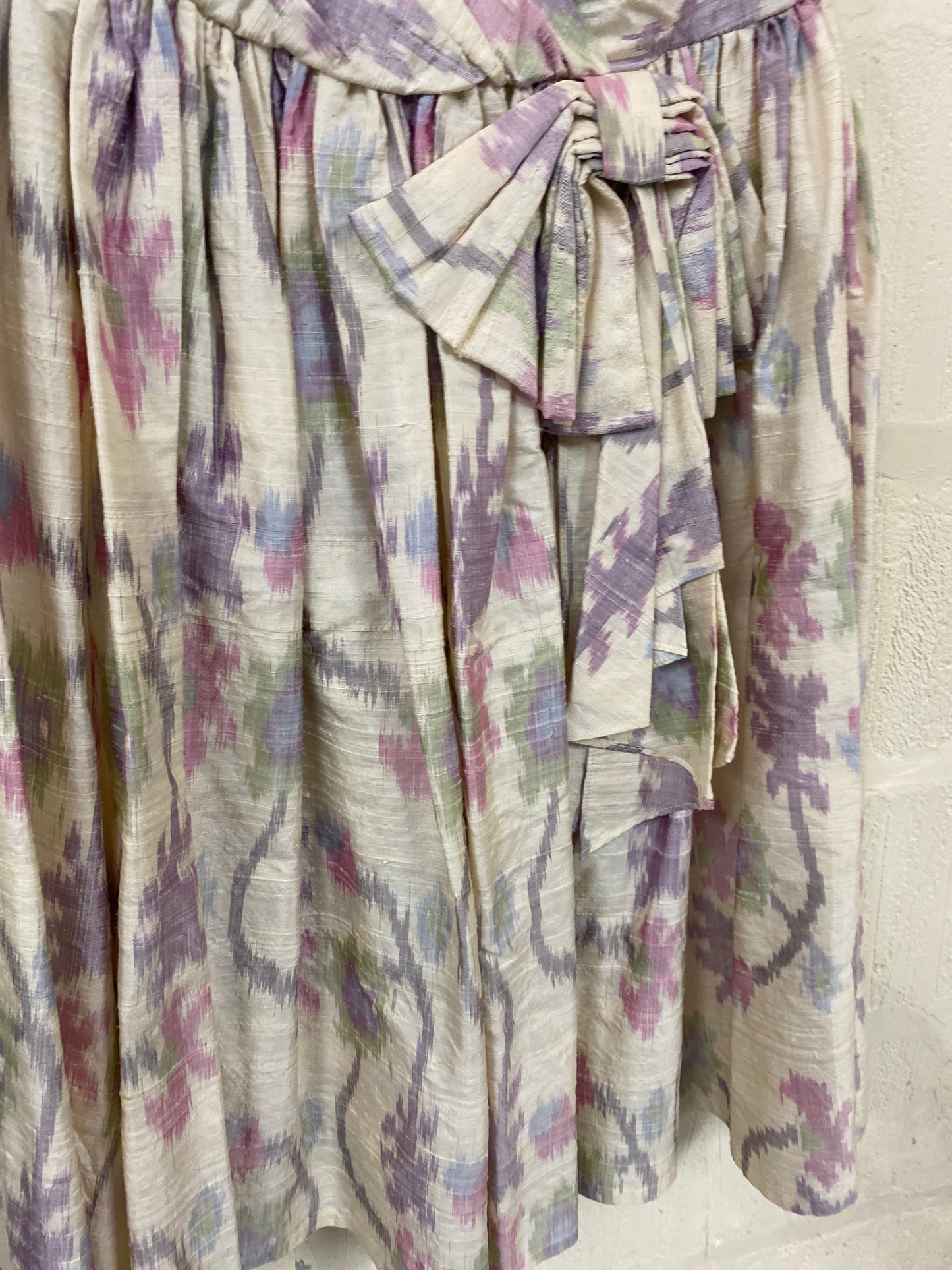 1980s Strapless Cream Silk Dress with Pink and Purple pattern Size 6