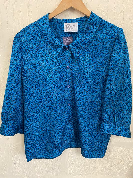 Vintage Teal 1980s Floral Blouse Size 16