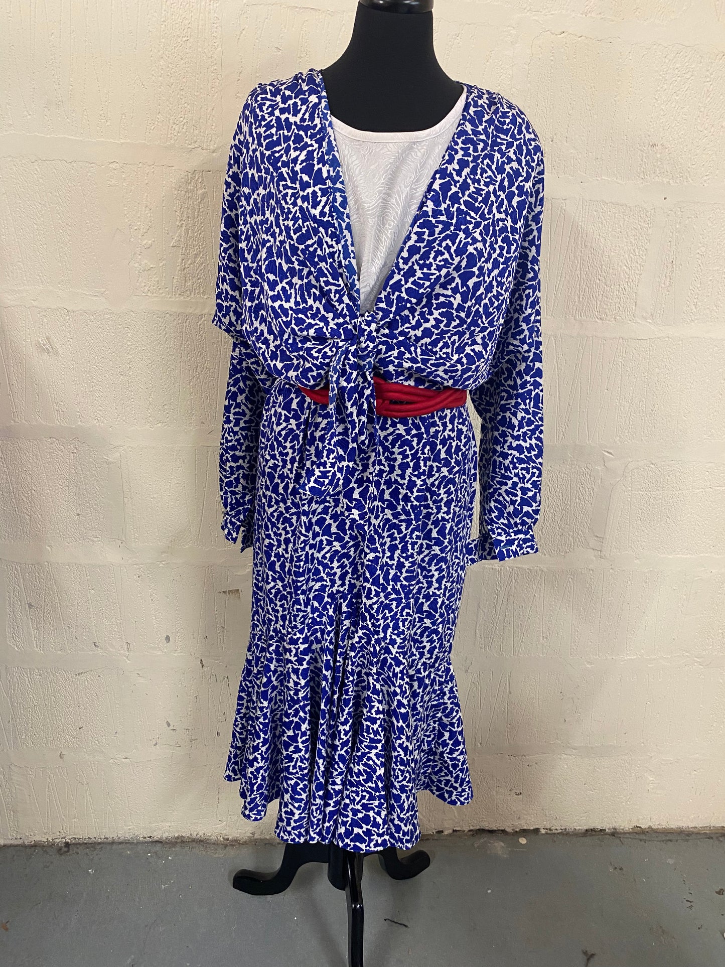 Vintage Royal Blue and White Austin Reed 1980s Style Dress Size 14
