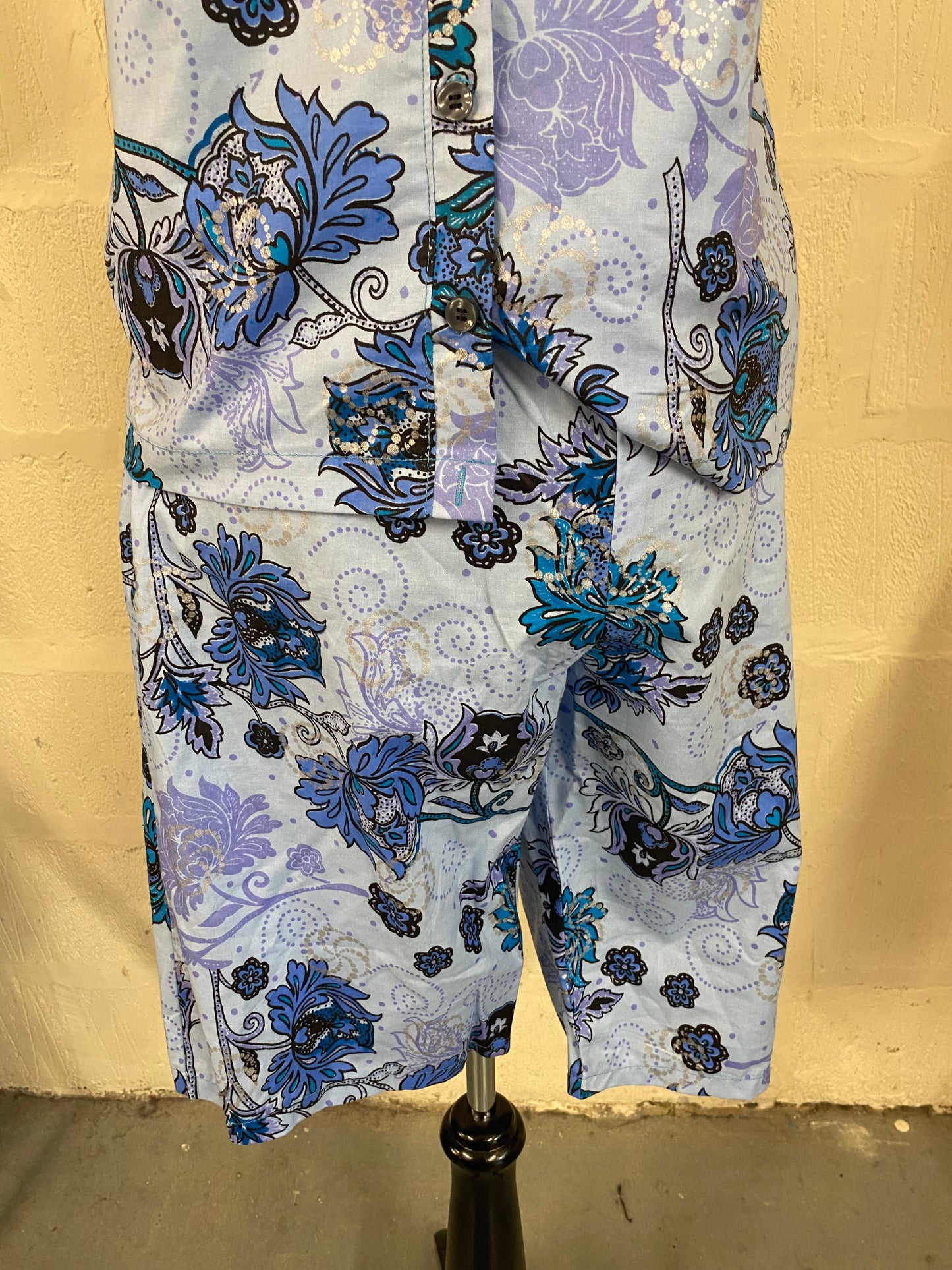 Hand Made Blue Floral Patterned Drawstring Short Trousers Size L