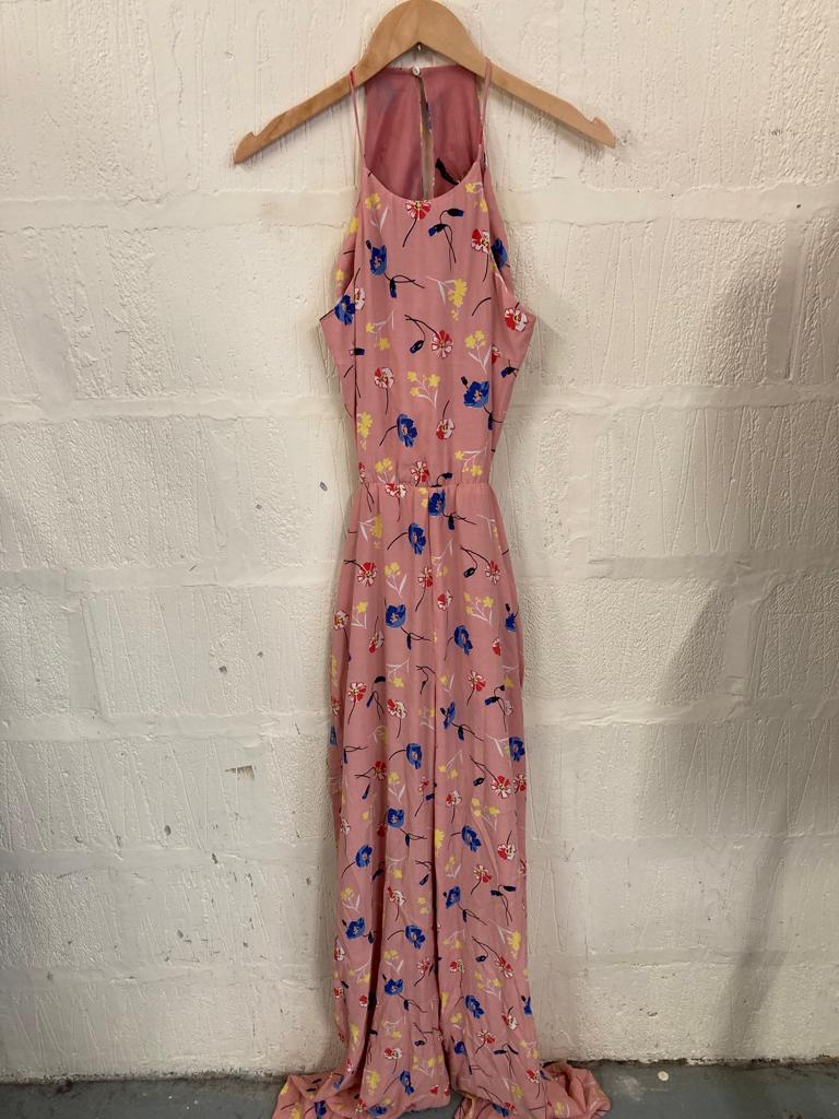 Pink with Floral Pattern Sleeveless Jumpsuit With Open Back Size M