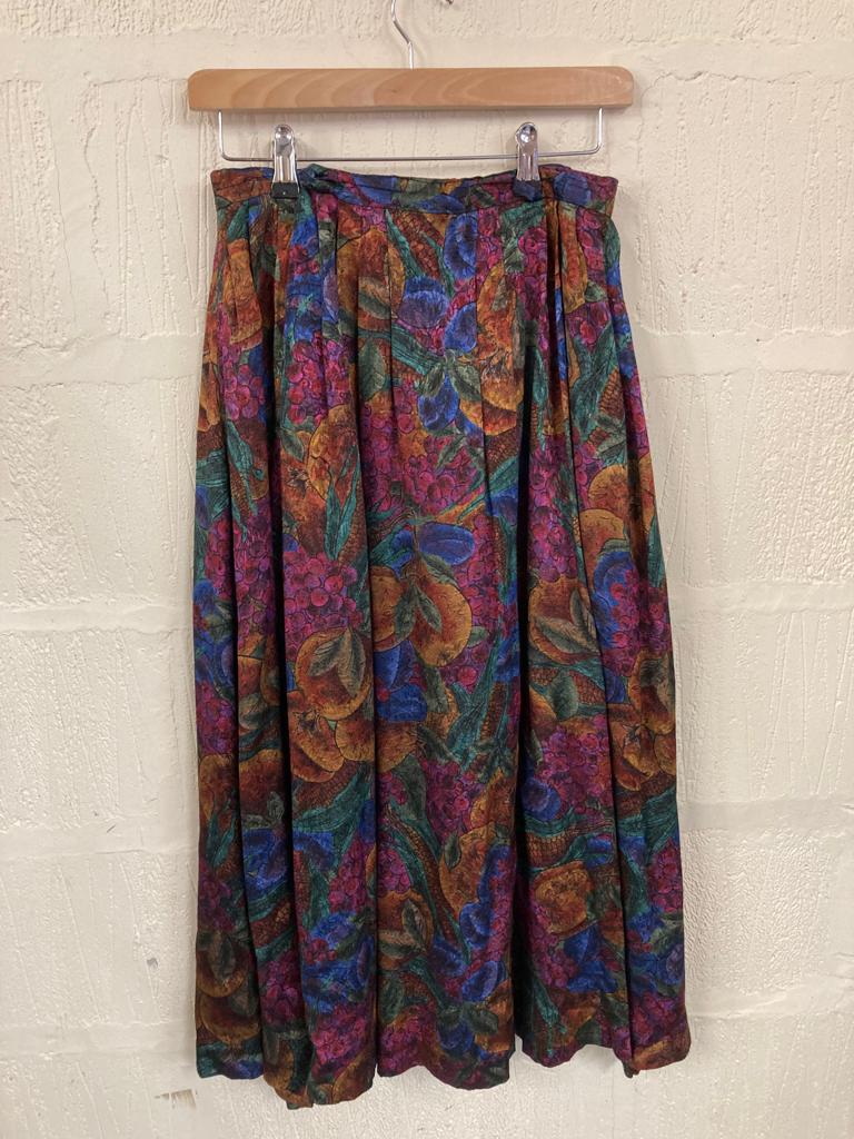 Vintage Green, Yellow and Navy Floral Pleated Maxi Skirt Size 10