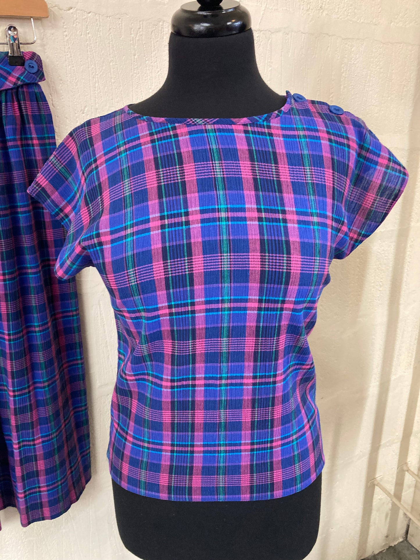 Vintage BHS Cap Sleeve Blue, Pink and Green Plaid Top Size 8