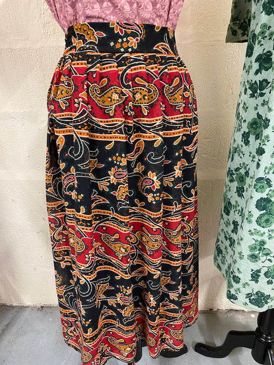 Black, Green and Yellow Paisley Ex Long Gathered Midi Skirt Size 10