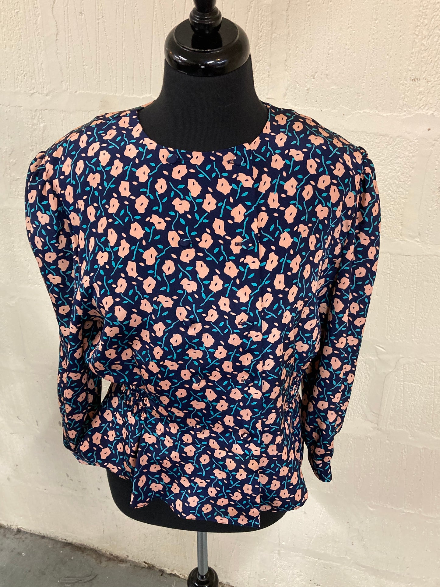 1980s Vintage Berkertex Navy with Pink and Turquoise Floral Top Size 16
