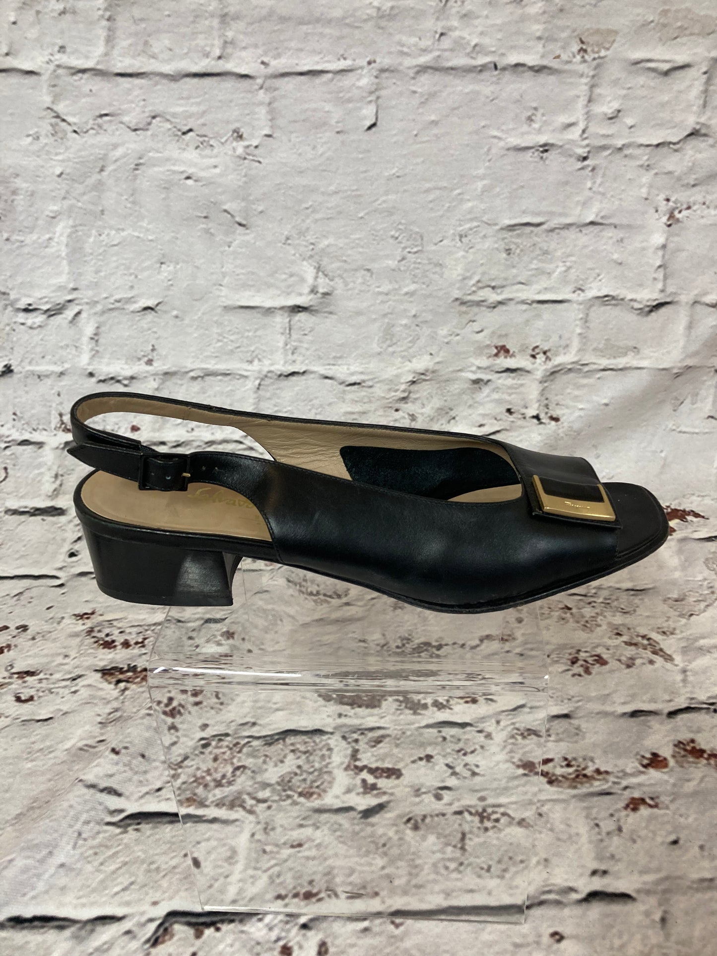 1980s Salvatore Ferragamo Black Peep Toe  Buckled Sling Backs Size 3.5 (36)
