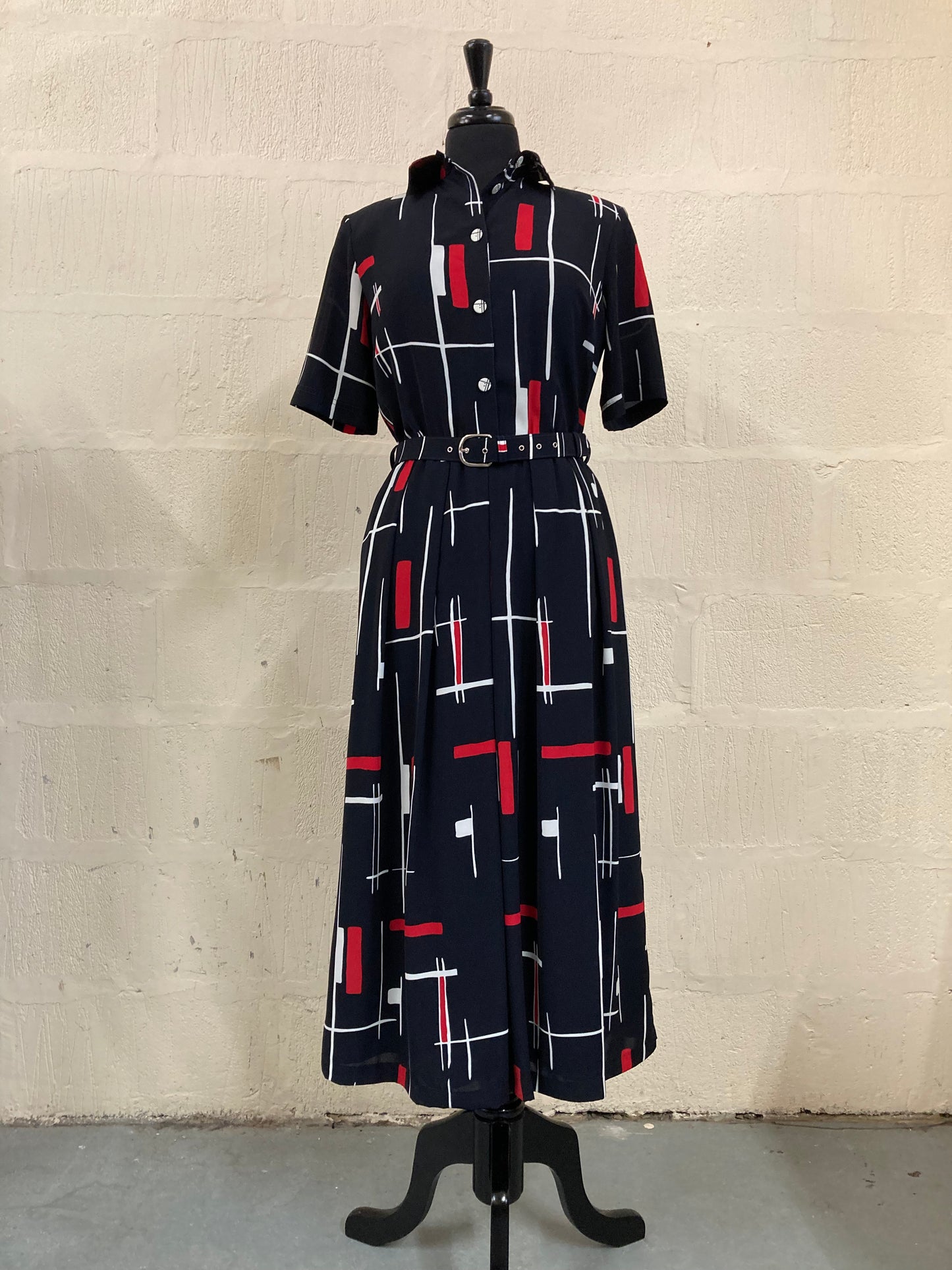1960s style Mandy Marsh Black with White and Red Geo Print Maxi Dress Size 10
